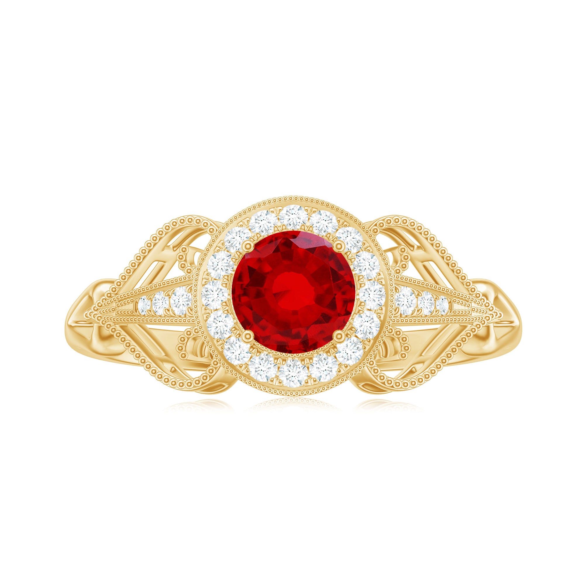 Vintage Inspired Created Ruby and Diamond Engagement Ring Lab Created Ruby - ( AAAA ) - Quality - Rosec Jewels