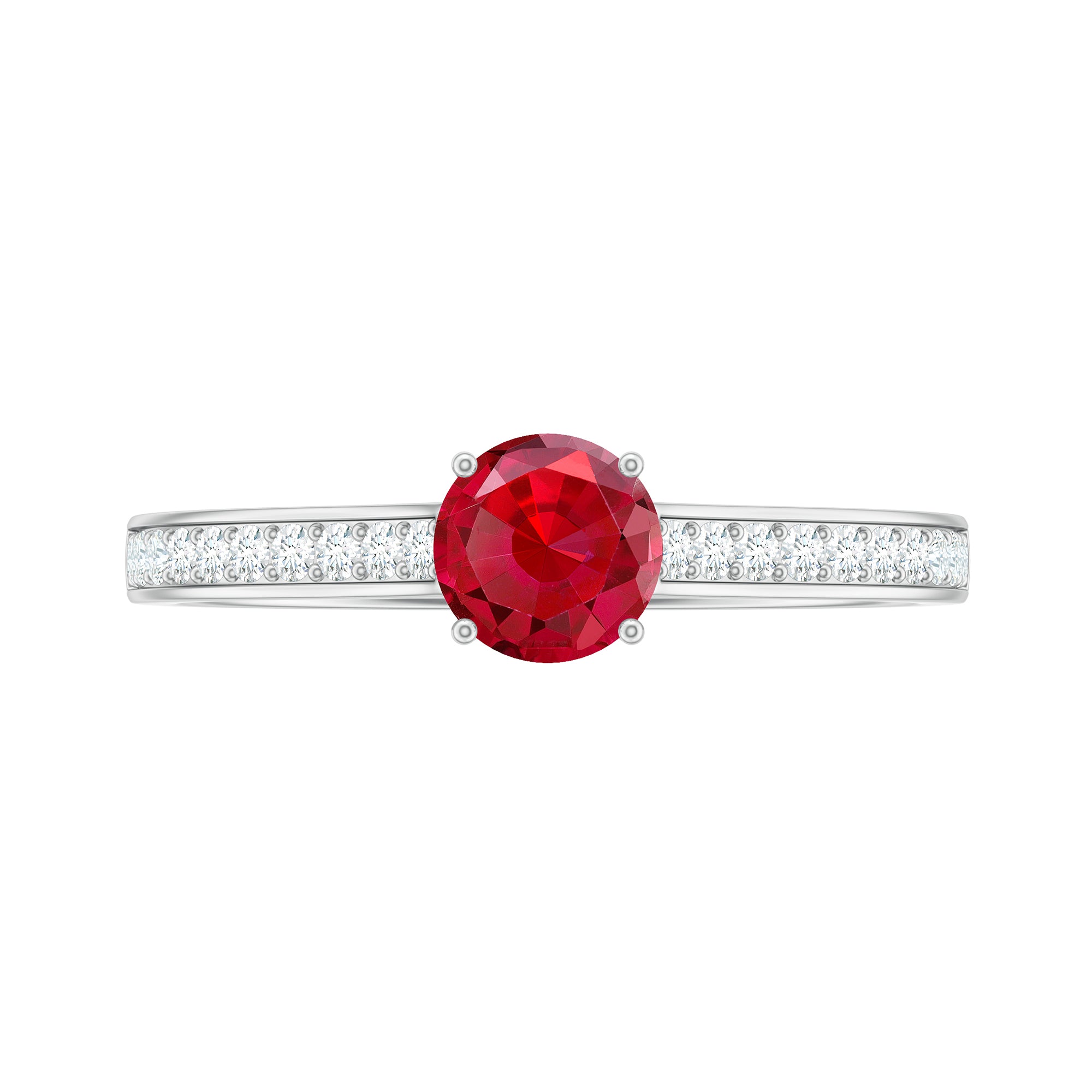 Round Lab Grown Ruby Solitaire Engagement Ring with Diamond Side Stones Lab Created Ruby - ( AAAA ) - Quality - Rosec Jewels