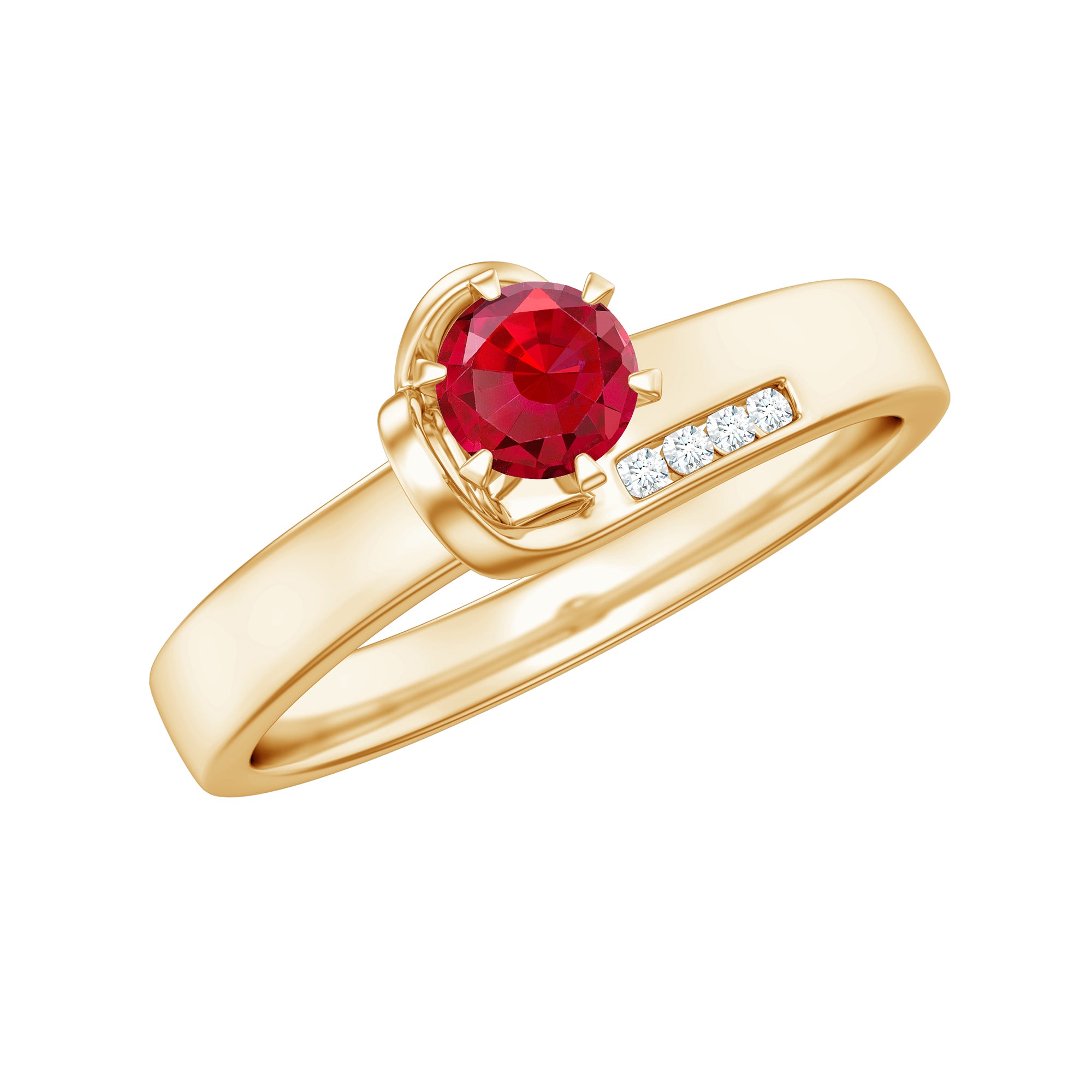 Created Ruby Solitaire Band Ring with Diamond Lab Created Ruby - ( AAAA ) - Quality - Rosec Jewels