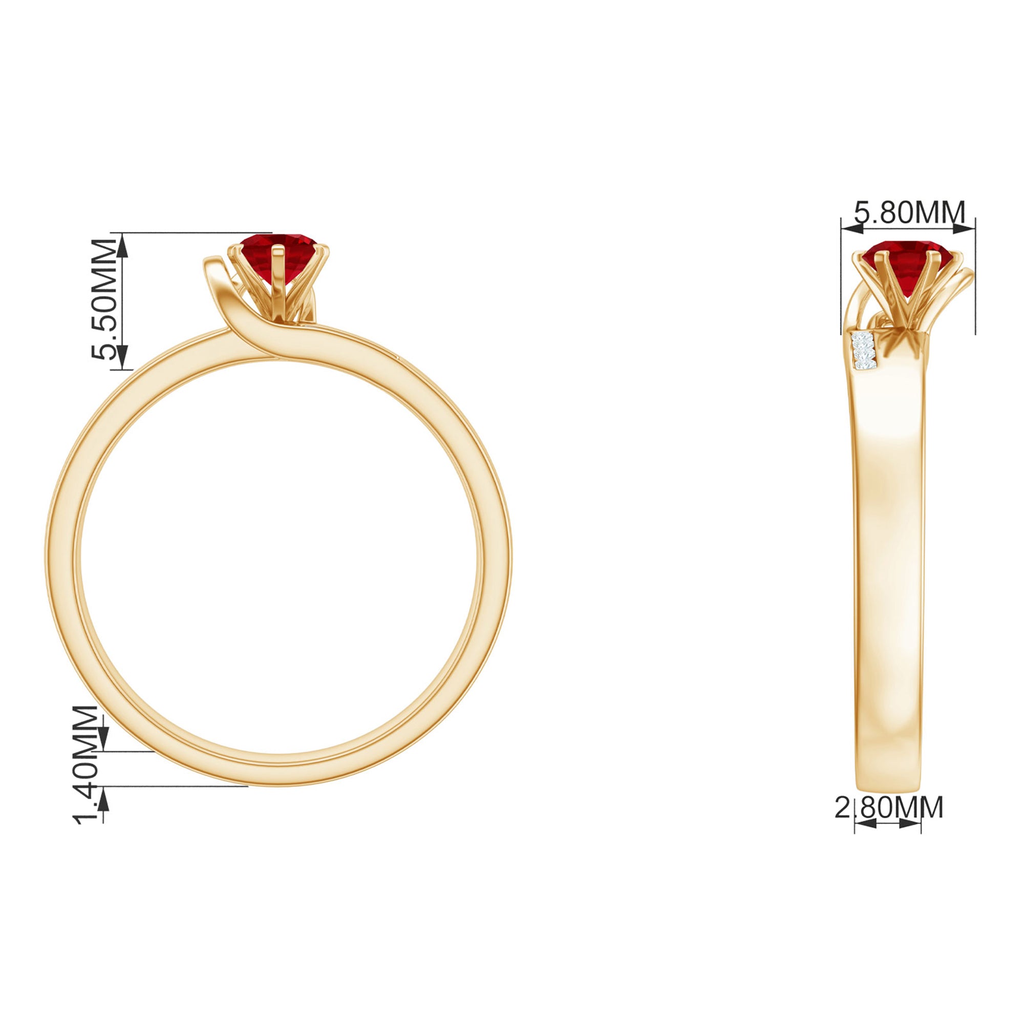 Created Ruby Solitaire Band Ring with Diamond Lab Created Ruby - ( AAAA ) - Quality - Rosec Jewels