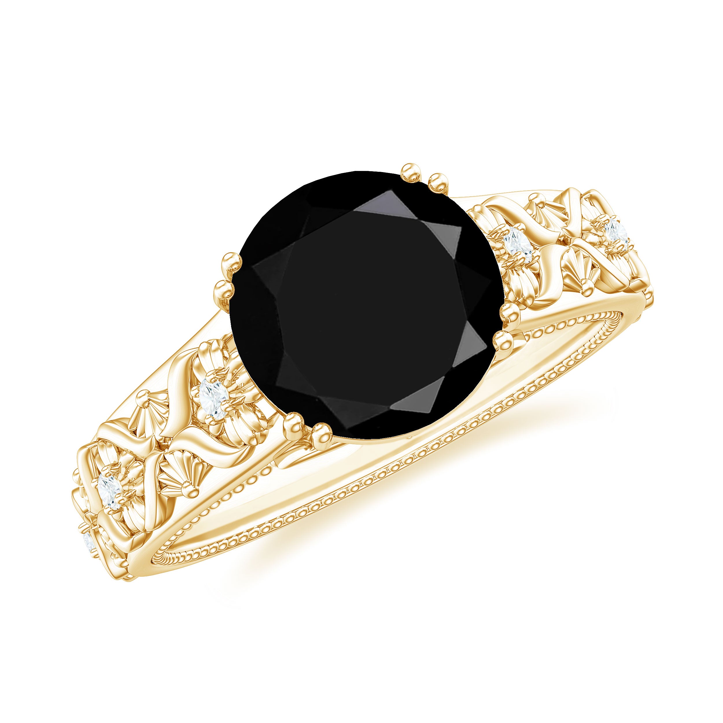 Solitaire Black Onyx Flower Engagement Ring with Diamond Black Onyx - ( AAA ) - Quality - Rosec Jewels