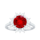 Round Created Ruby Statement Ring with Moissanite Floral Halo Lab Created Ruby - ( AAAA ) - Quality - Rosec Jewels