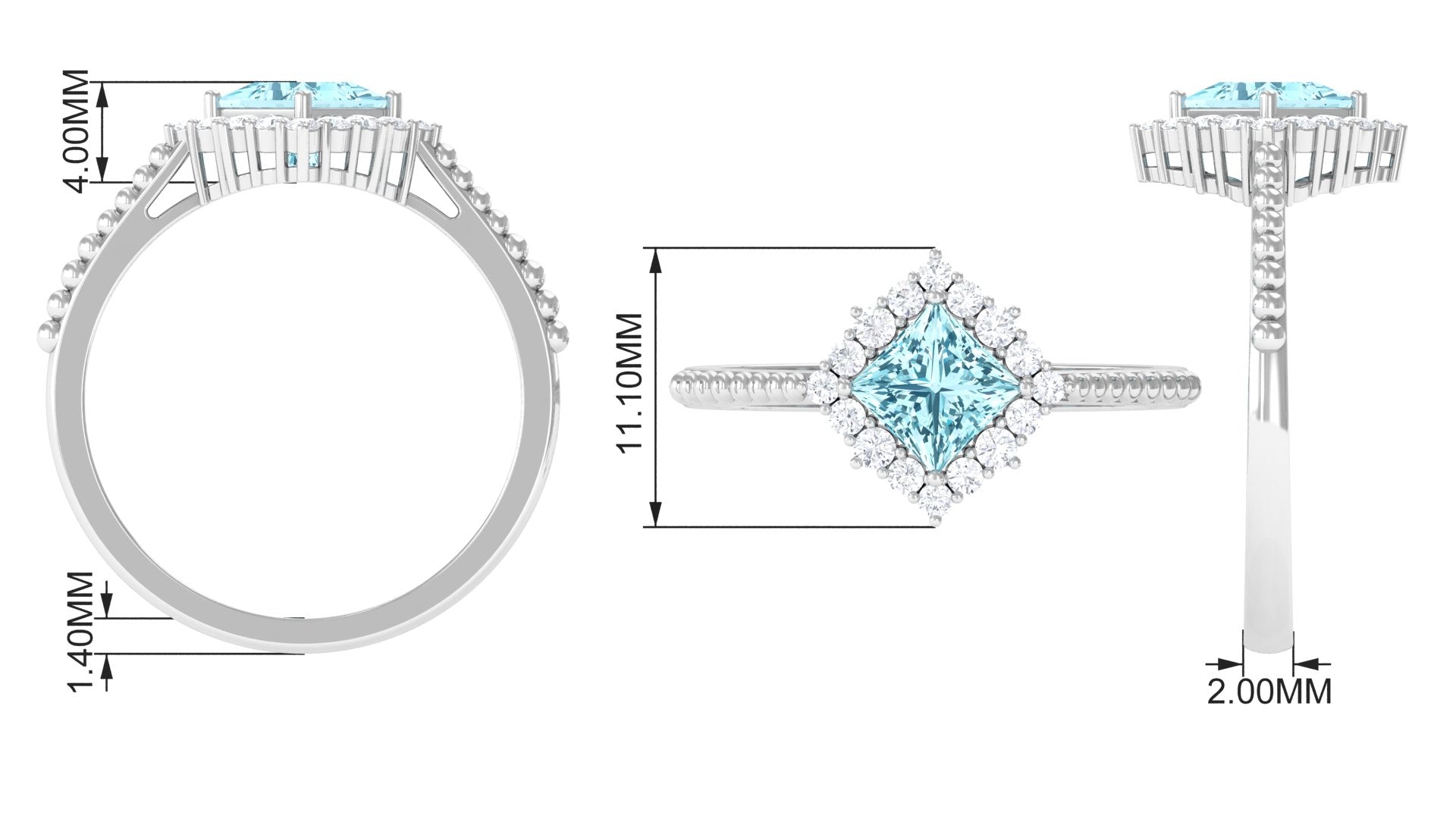 1 CT Princess Cut Aquamarine Engagement Ring with Diamond Halo Aquamarine - ( AAA ) - Quality - Rosec Jewels