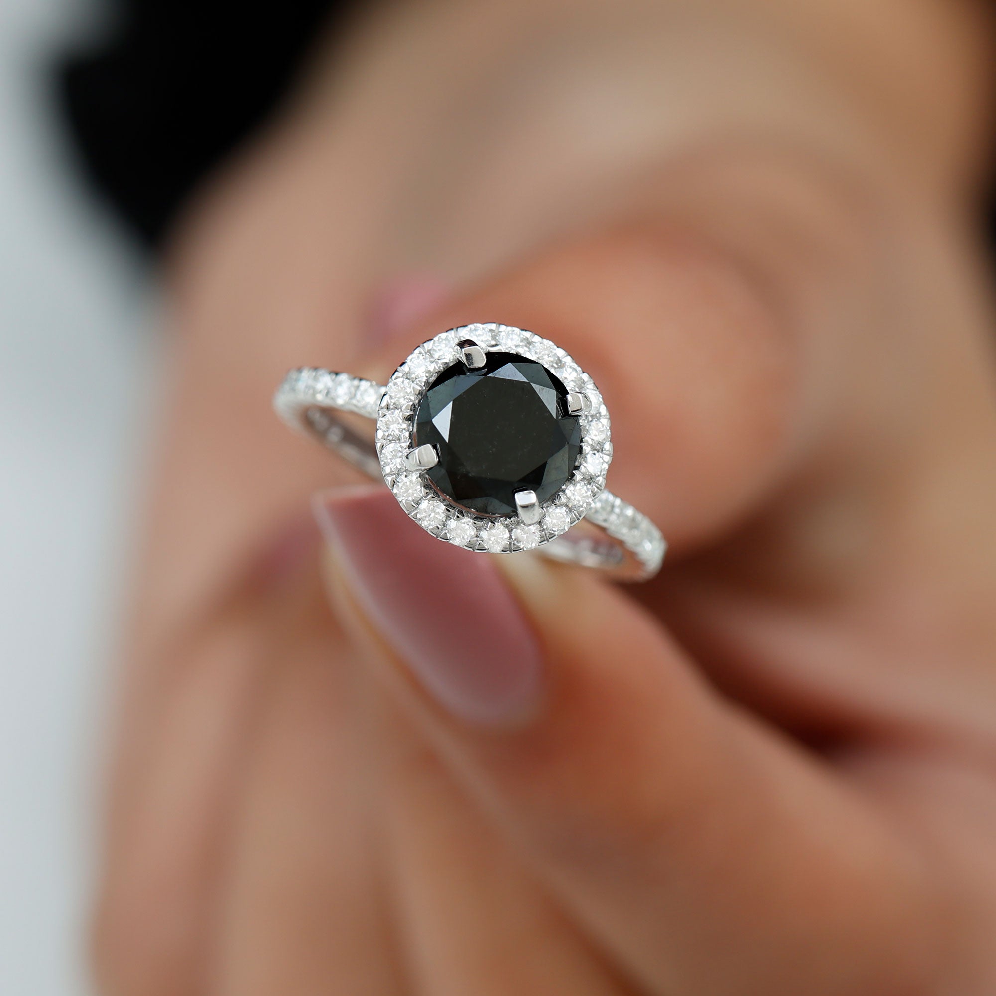 Real Black Onyx Classic Halo Engagement Ring with Diamond Black Onyx - ( AAA ) - Quality - Rosec Jewels