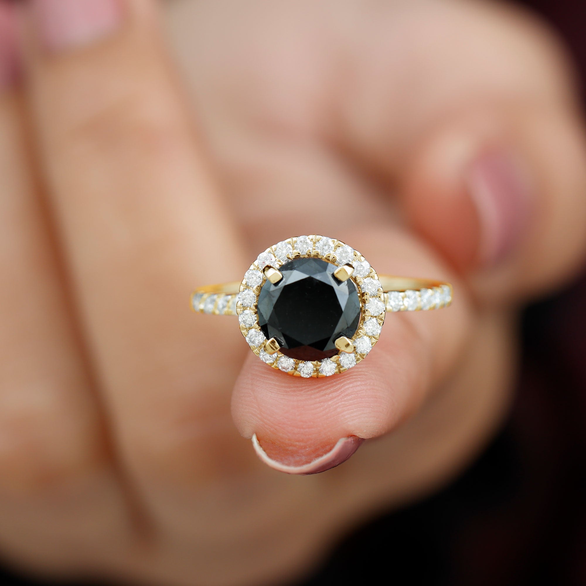 Real Black Onyx Classic Halo Engagement Ring with Diamond Black Onyx - ( AAA ) - Quality - Rosec Jewels