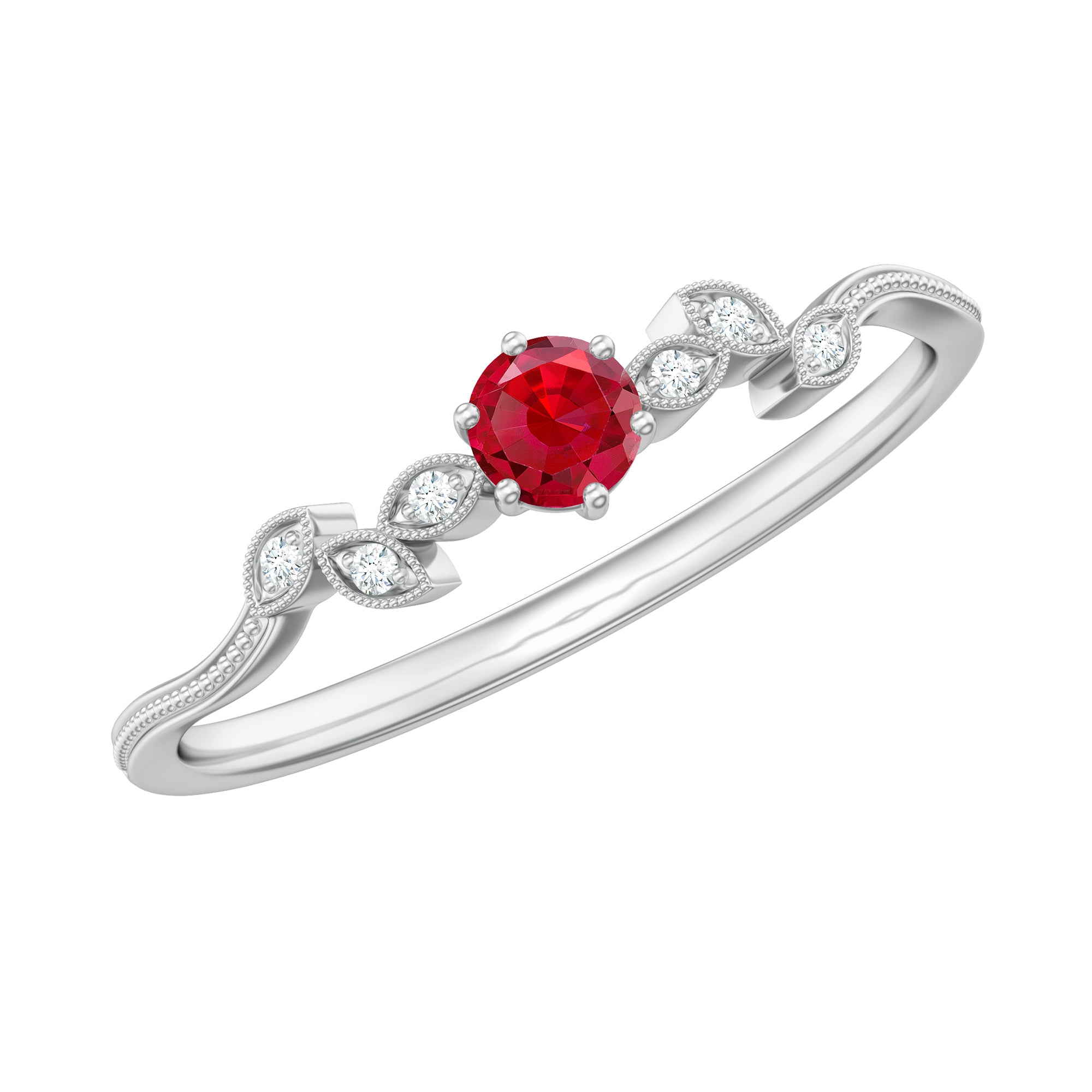 Created Ruby and Diamond Leaf Promise Ring with Beaded Gold Lab Created Ruby - ( AAAA ) - Quality - Rosec Jewels