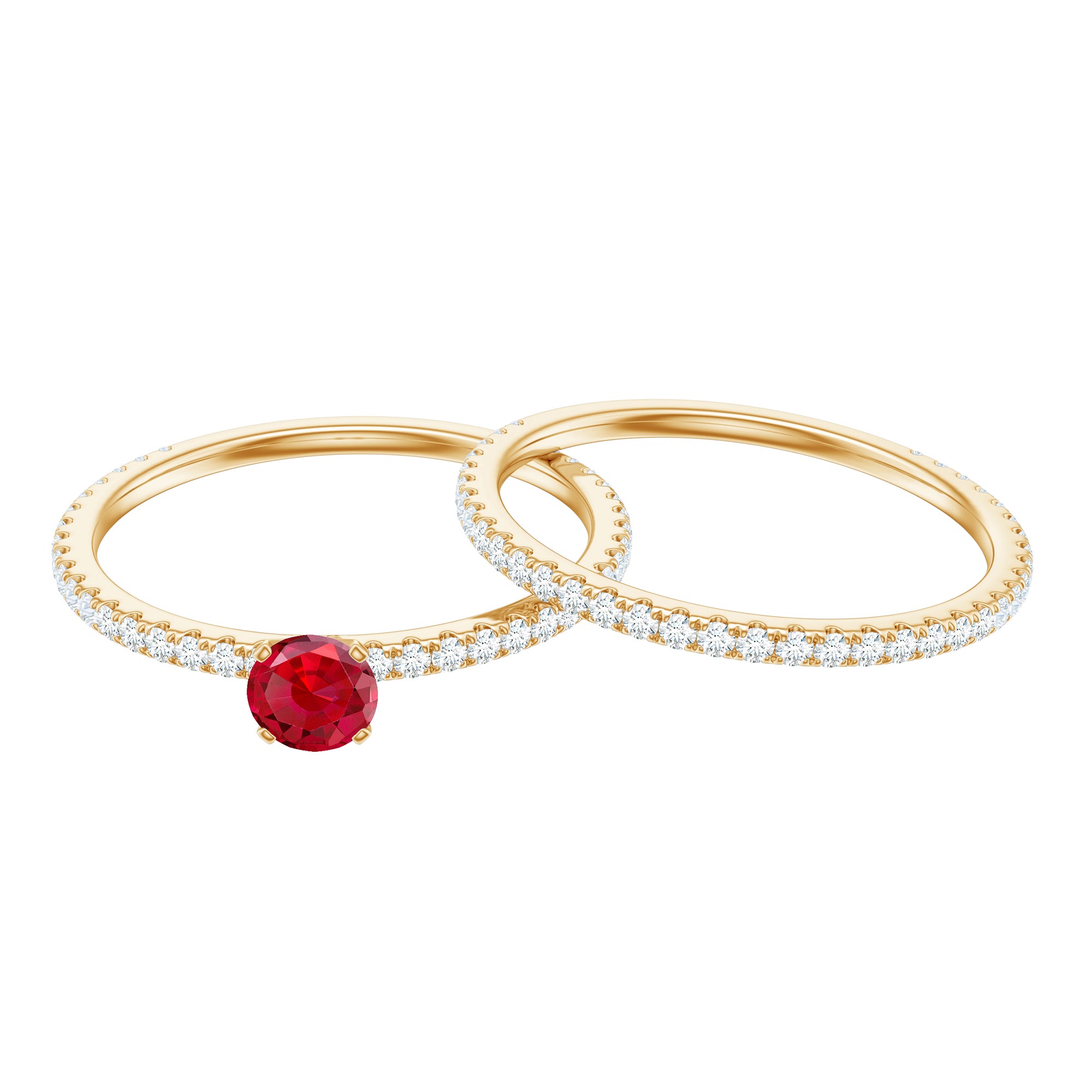 Created Ruby Minimal Wedding Ring Set with Diamond Lab Created Ruby - ( AAAA ) - Quality - Rosec Jewels