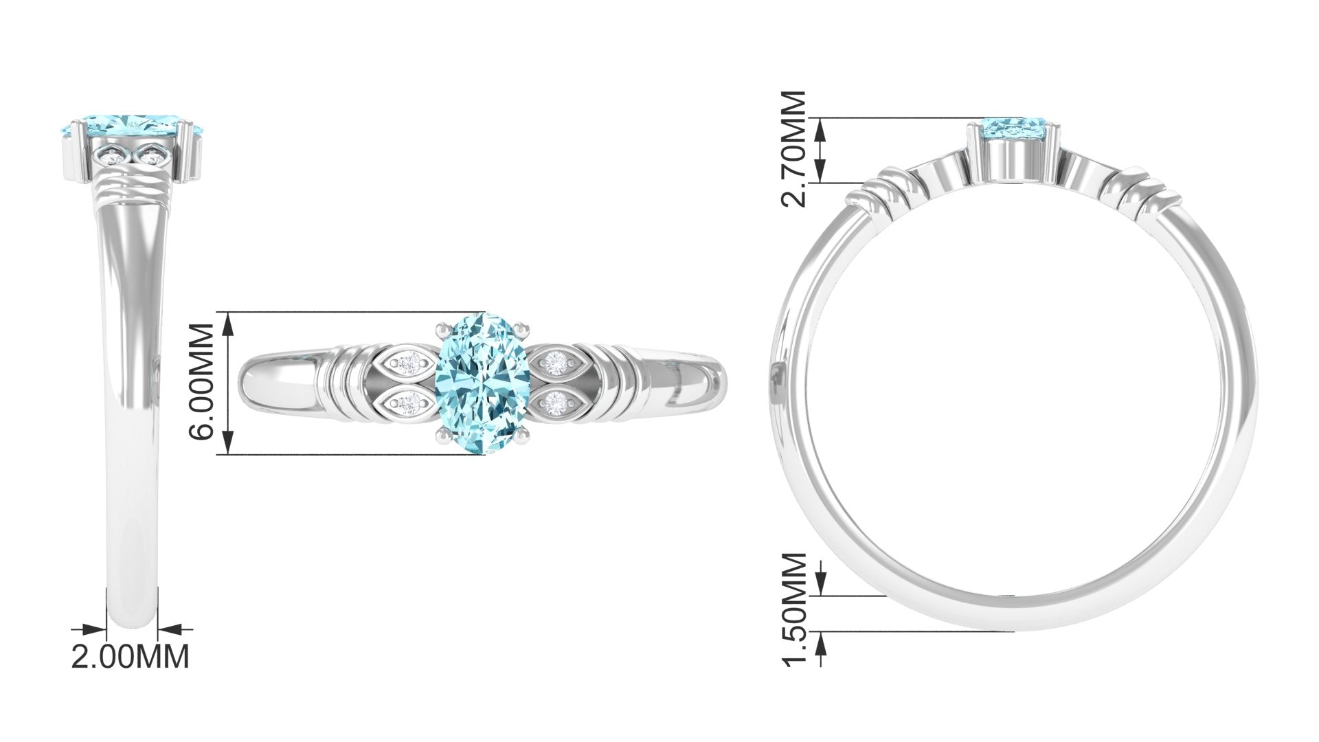 1/2 CT Oval Aquamarine Engagement Ring with Diamond Aquamarine - ( AAA ) - Quality - Rosec Jewels