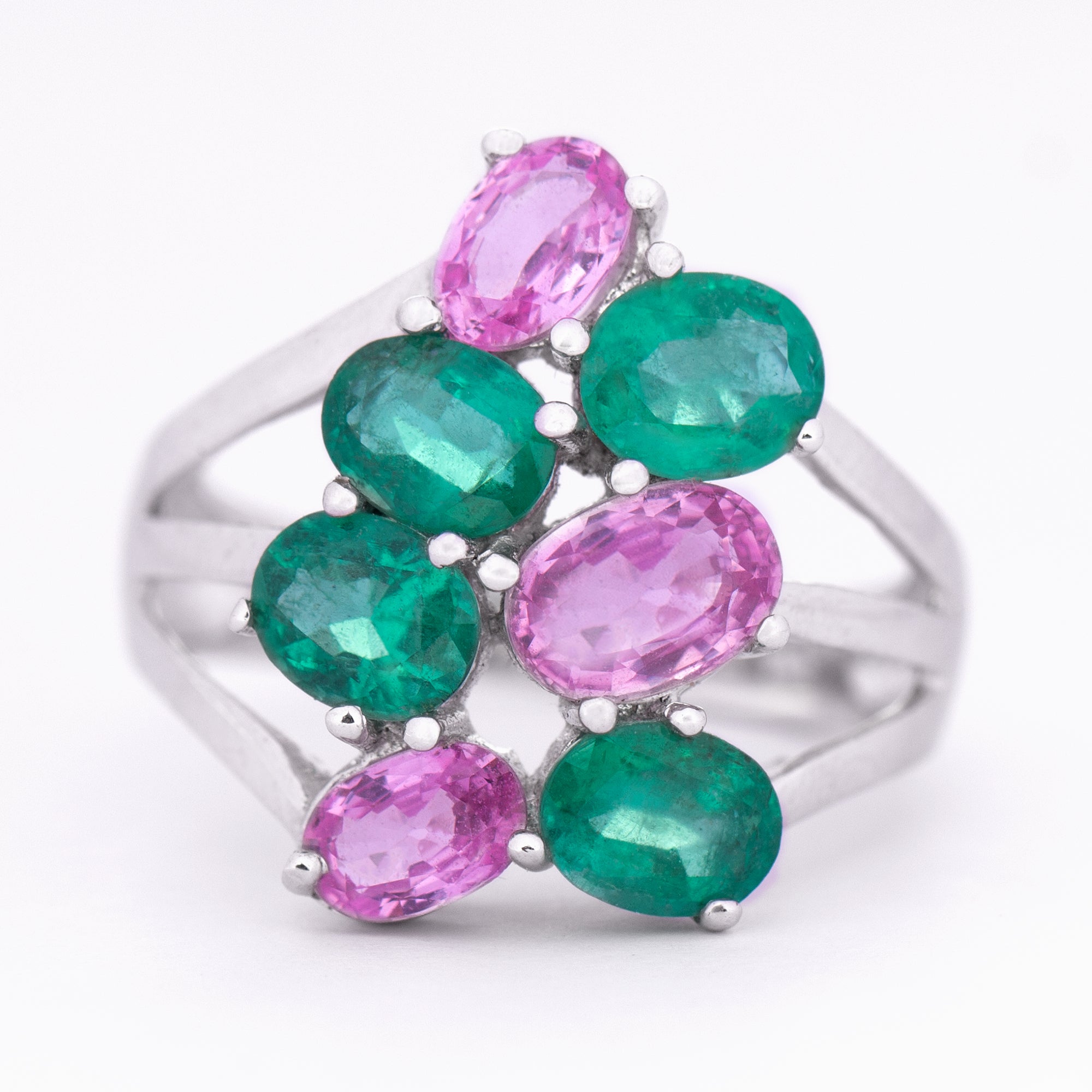 Created Pink Sapphire and Created Emerald Cocktail Engagement Ring - Rosec Jewels