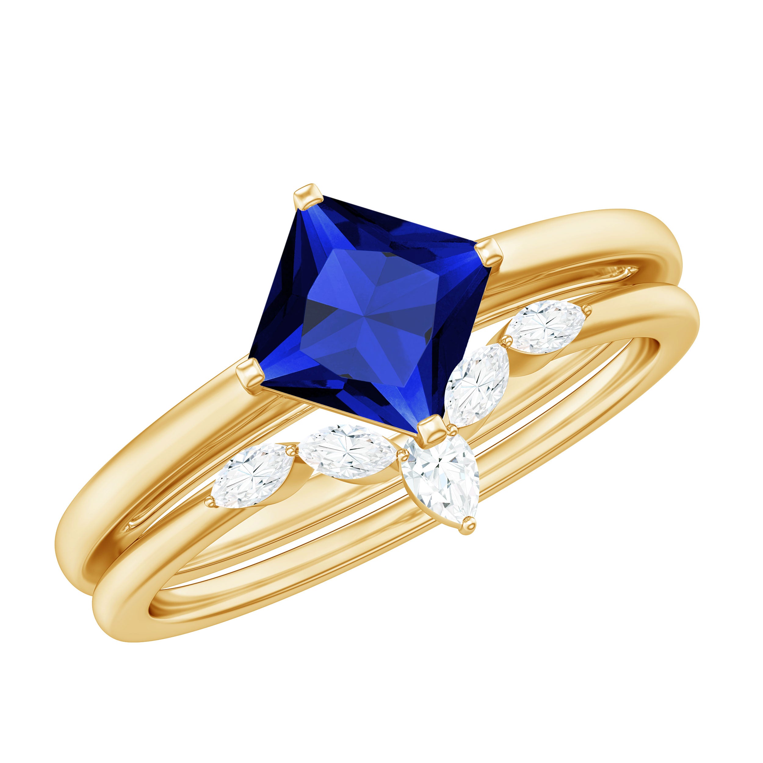 1.25 CT Princess Cut Created Blue Sapphire Solitaire Ring Set with Diamond Lab Created Blue Sapphire - ( AAAA ) - Quality - Rosec Jewels