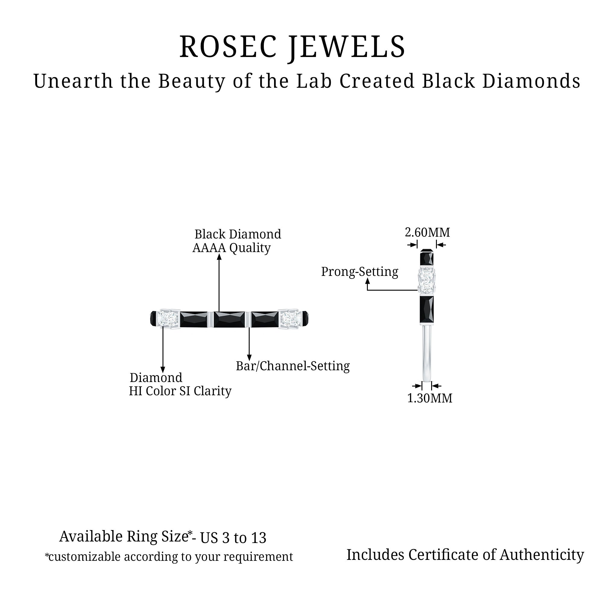 1 CT Baguette Cut Created Black Diamond Half Eternity Ring with Diamond Lab Created Black Diamond - ( AAAA ) - Quality - Rosec Jewels