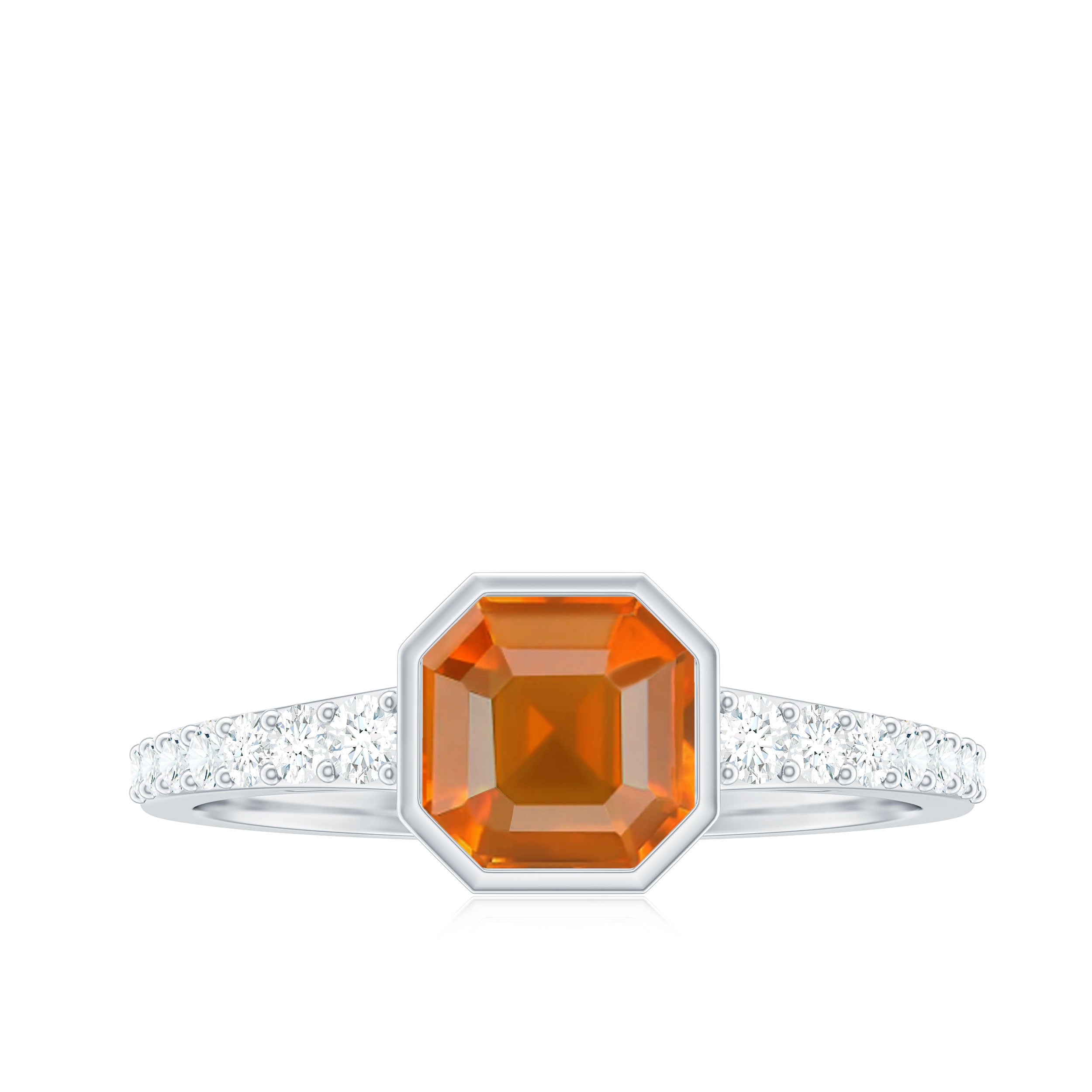 Asscher Fire Opal Solitaire Ring with Diamond Side Stones Fire Opal - ( AAA ) - Quality - Rosec Jewels