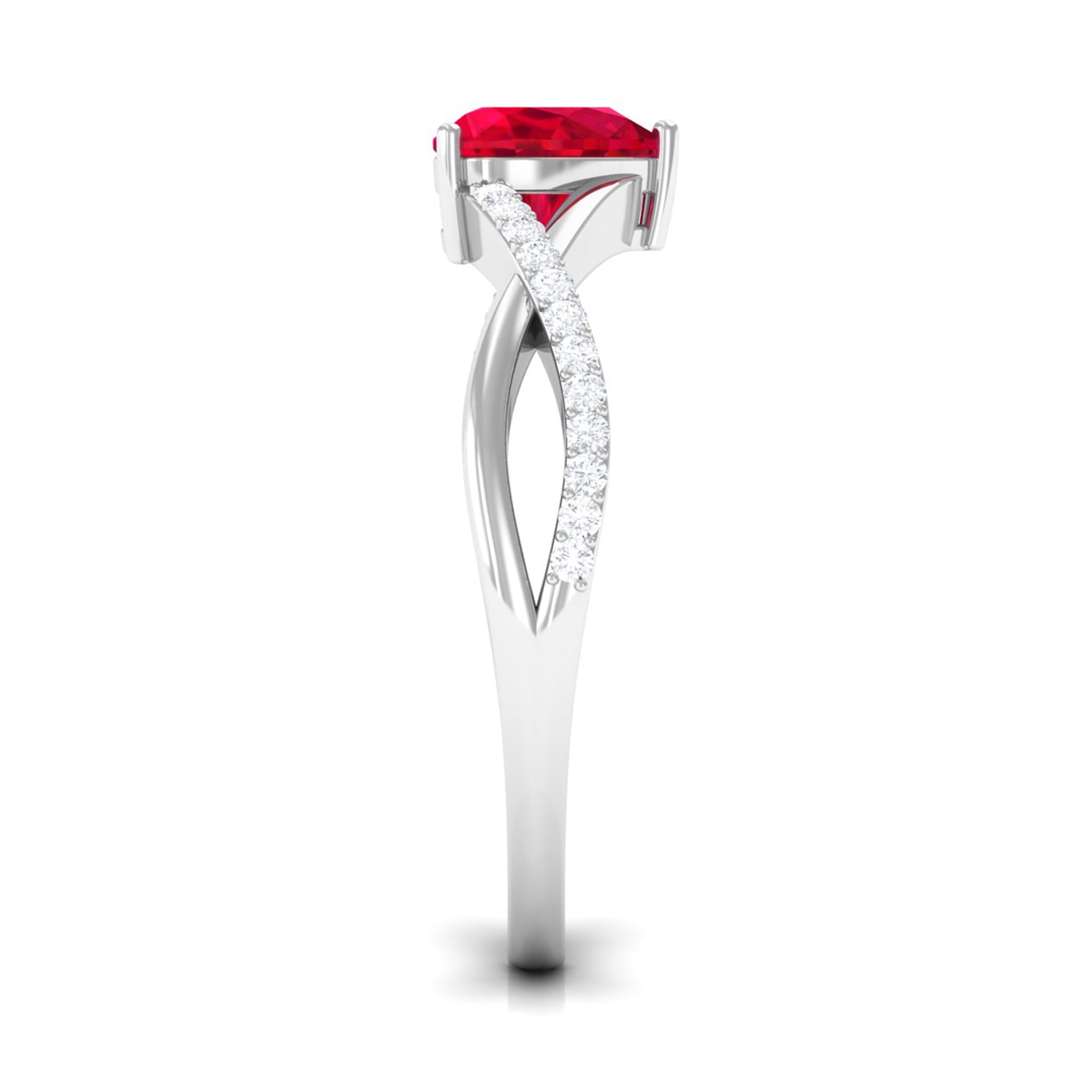 Heart Shape Created Ruby Crossover Ring with Diamond Lab Created Ruby - ( AAAA ) - Quality - Rosec Jewels