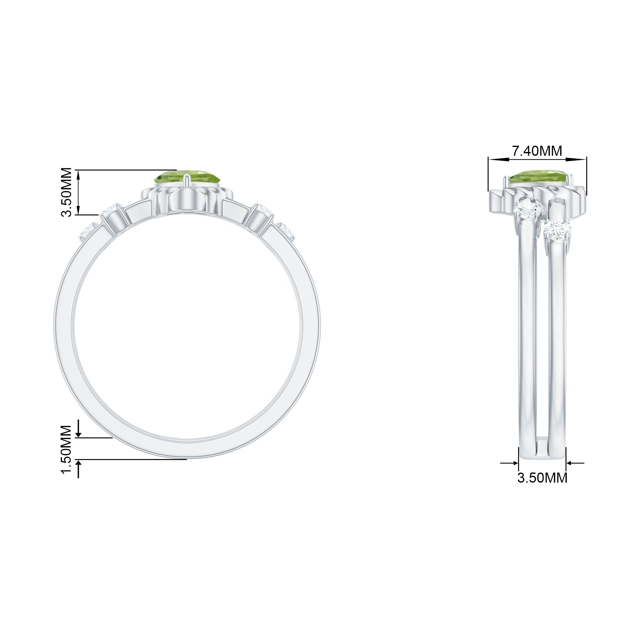 Heart Shape Peridot Solitaire Band Ring with Diamond Stones Peridot - ( AAA ) - Quality - Rosec Jewels