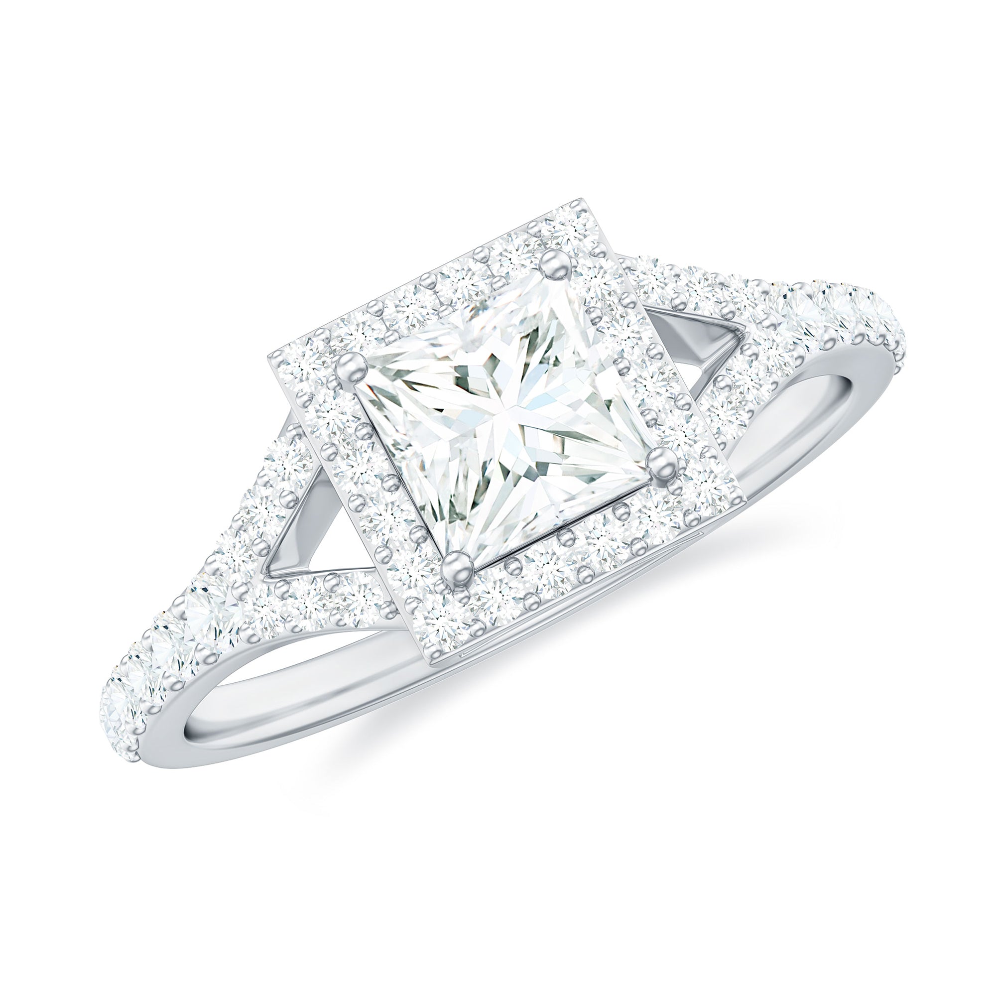 Halo Princess Cut Moissanite Split Shank Engagement Ring Gold Moissanite - ( D-VS1 ) - Color and Clarity - Rosec Jewels