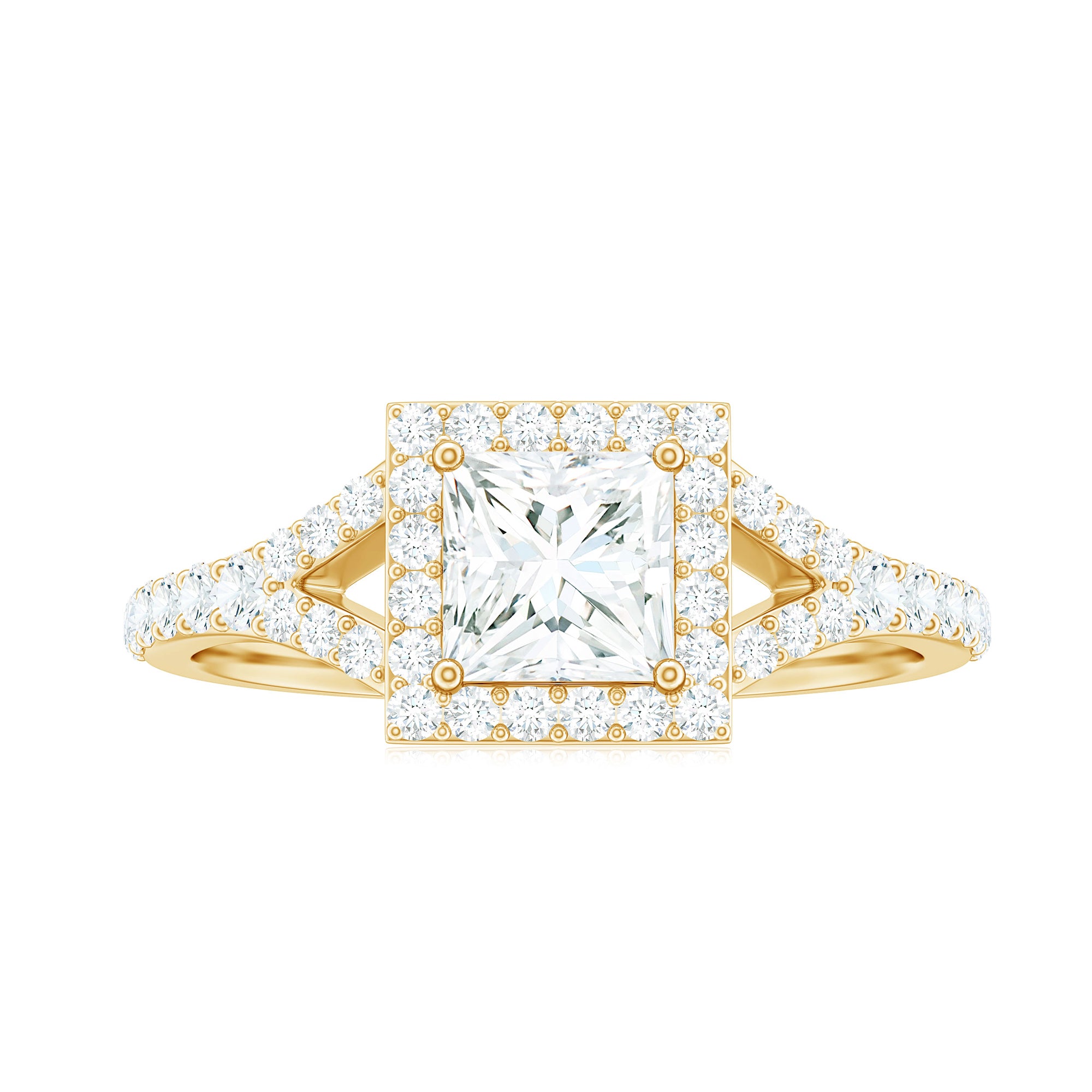 Halo Princess Cut Moissanite Split Shank Engagement Ring Gold Moissanite - ( D-VS1 ) - Color and Clarity - Rosec Jewels