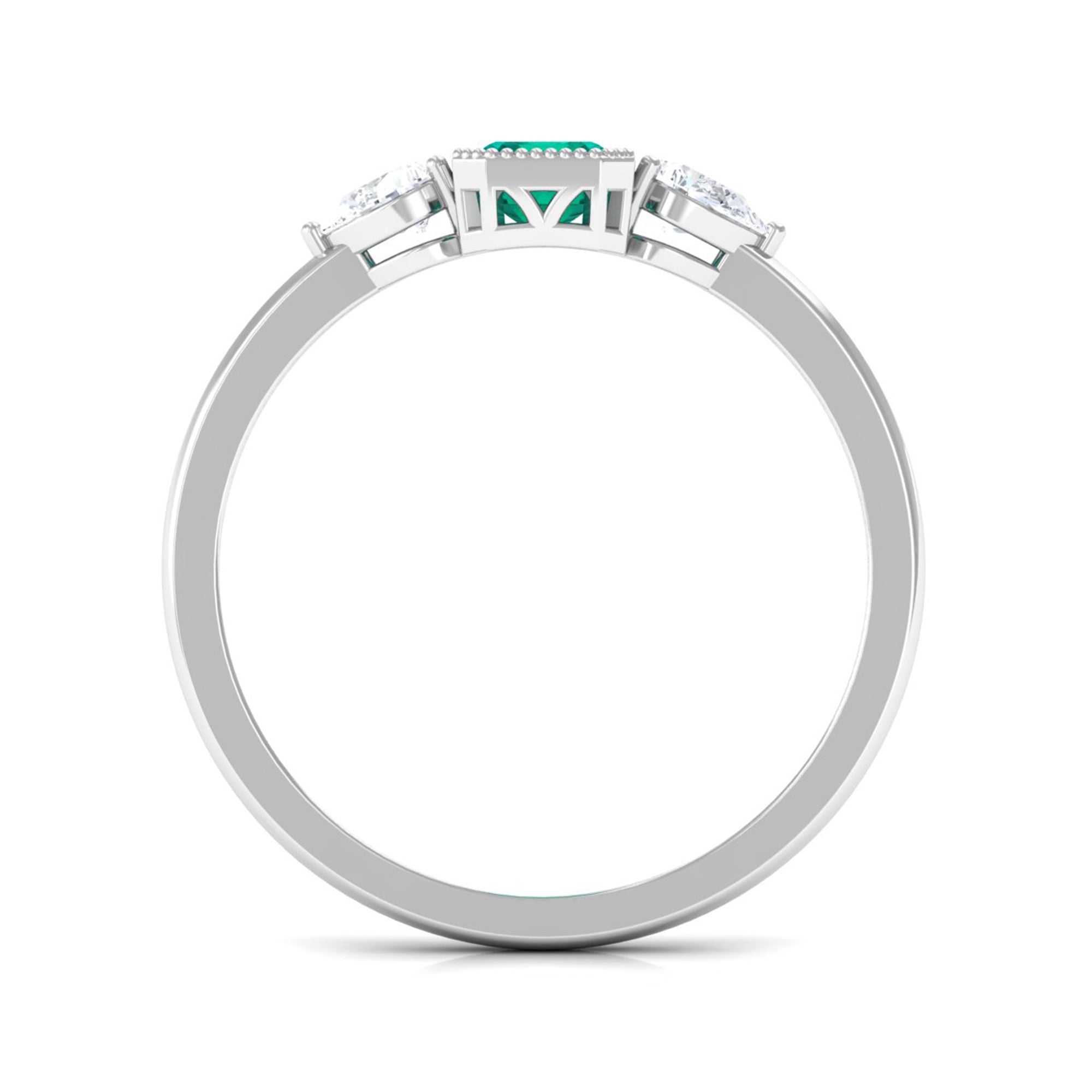 Octagon shape Emerald and Diamond Three Stone Ring in Bezel Setting Emerald - ( AAA ) - Quality - Rosec Jewels