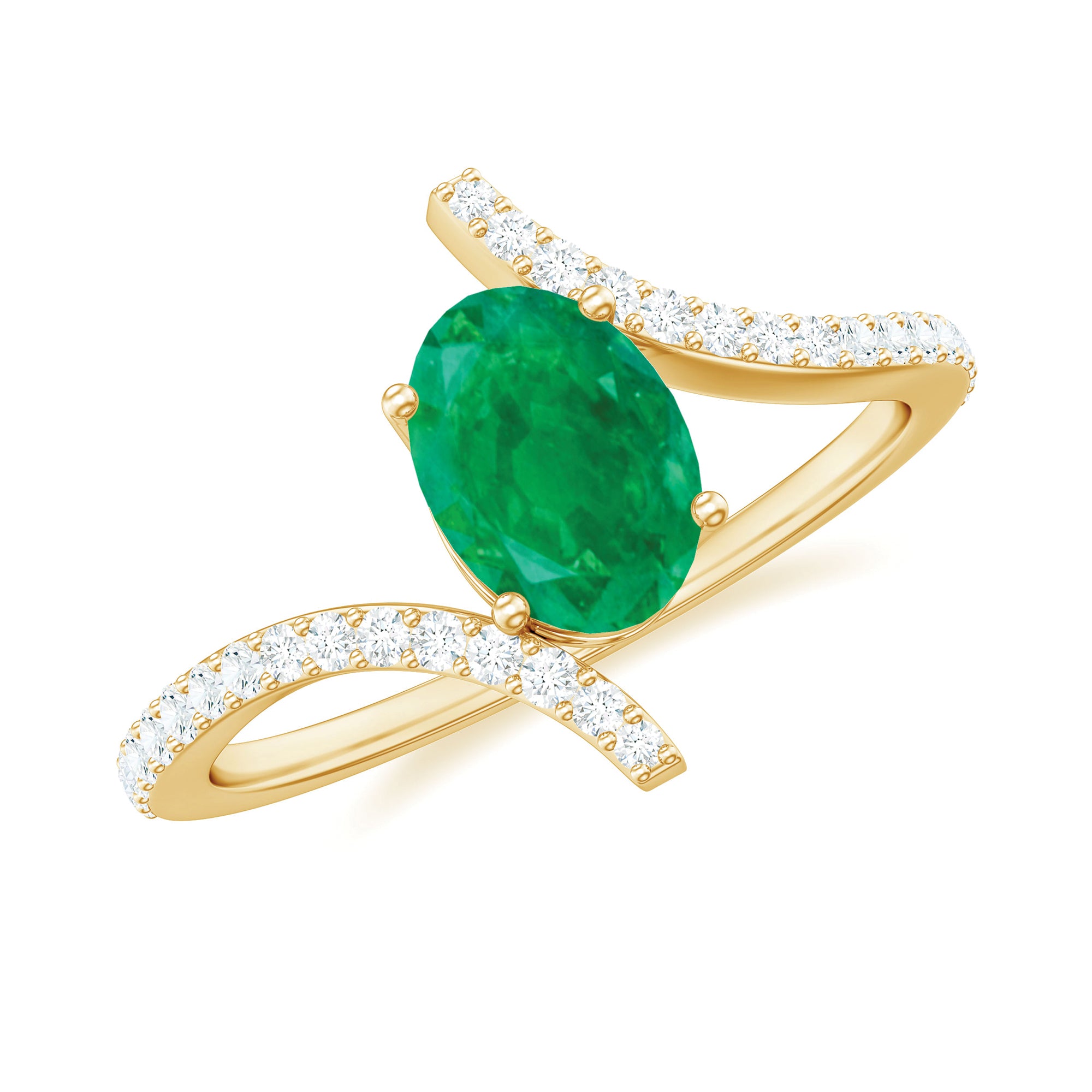 1 CT Oval Emerald Solitaire Bypass Ring with Diamond Emerald - ( AAA ) - Quality - Rosec Jewels