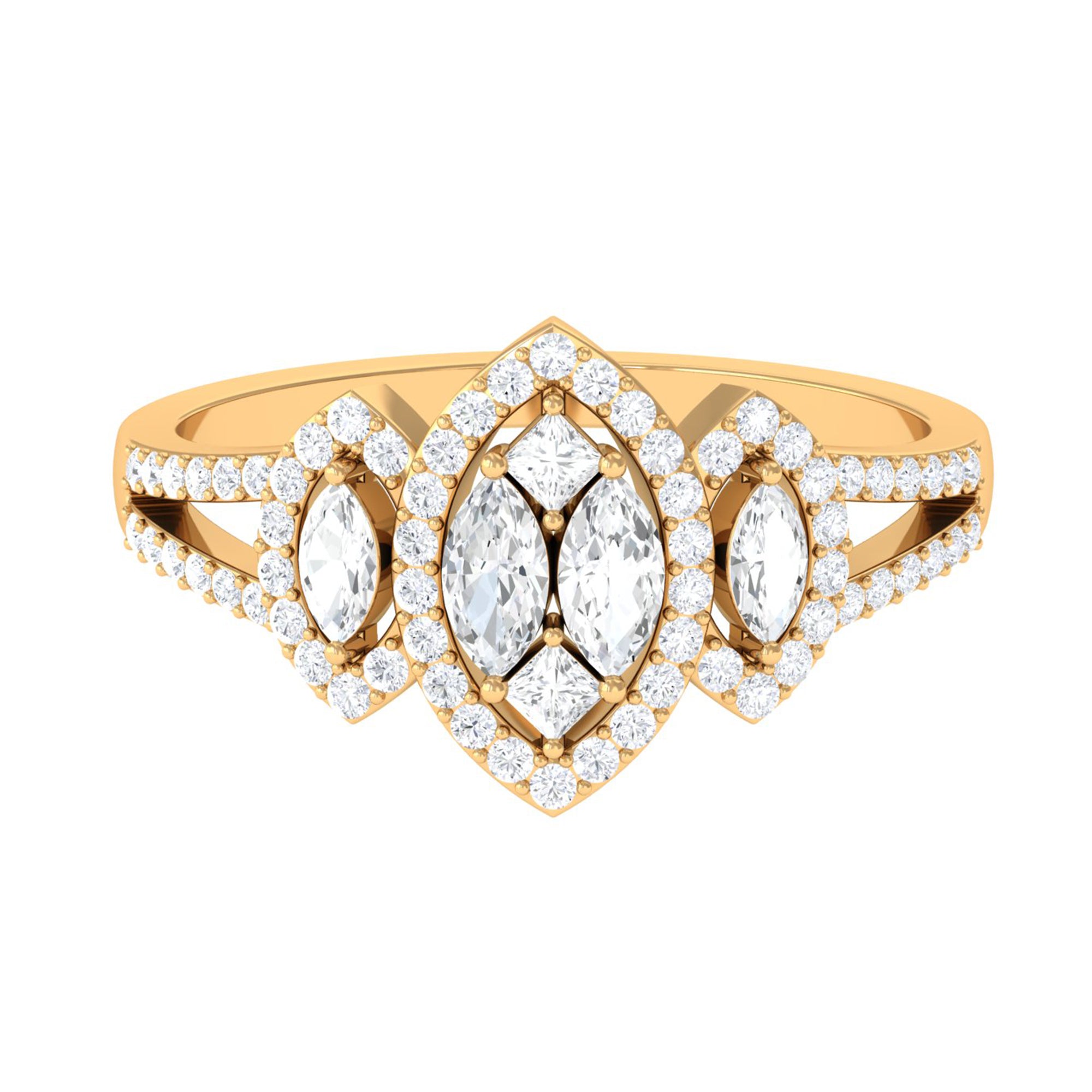 Certified Moissanite Cluster Engagement Ring in Gold Moissanite - ( D-VS1 ) - Color and Clarity - Rosec Jewels