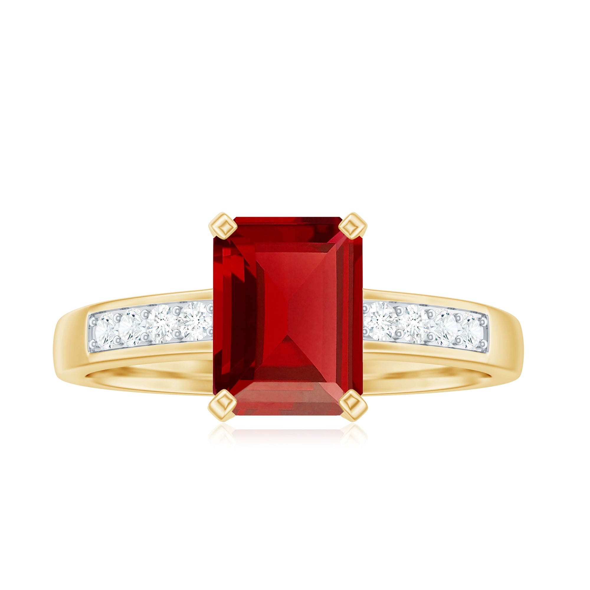 Emerald Cut Certified Created Ruby Solitaire Ring with Diamond Lab Created Ruby - ( AAAA ) - Quality - Rosec Jewels