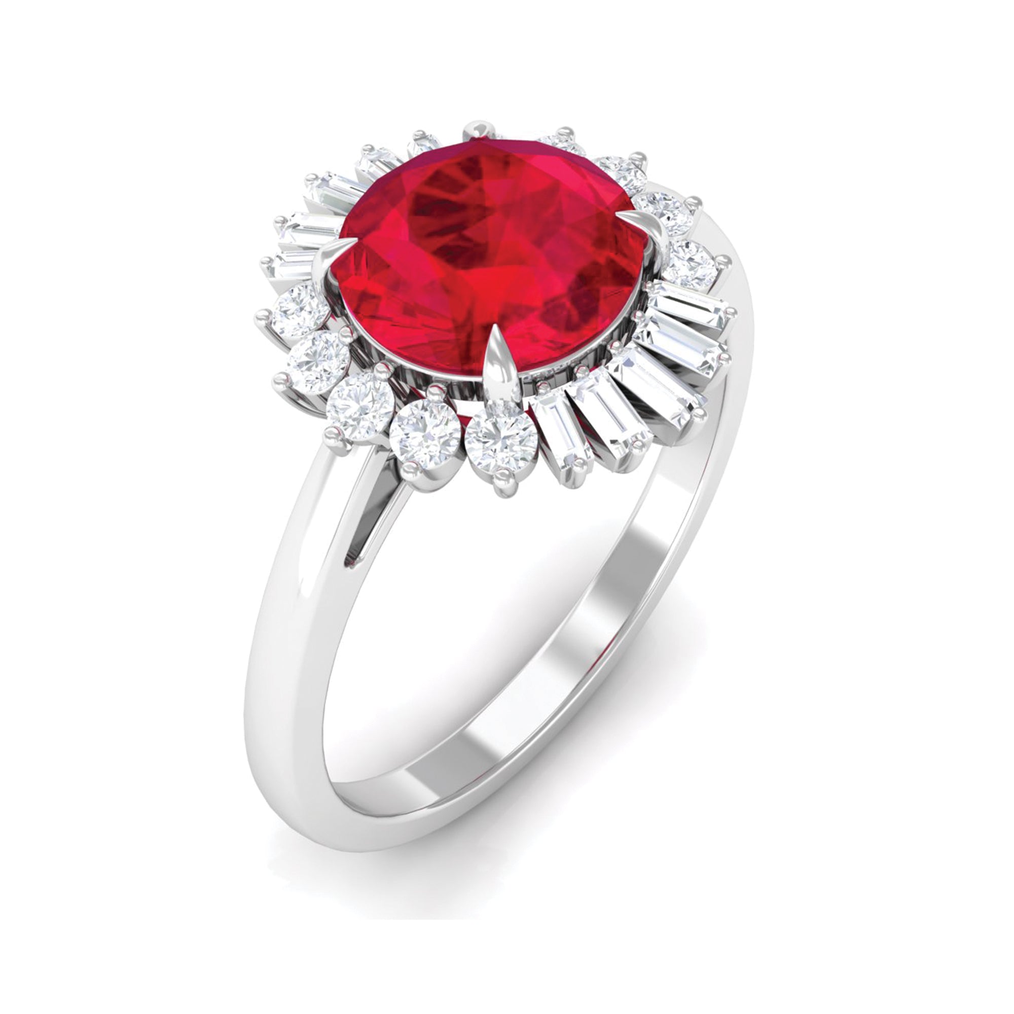 Claw Set Created Ruby Cocktail Ring with Diamond Halo Lab Created Ruby - ( AAAA ) - Quality - Rosec Jewels