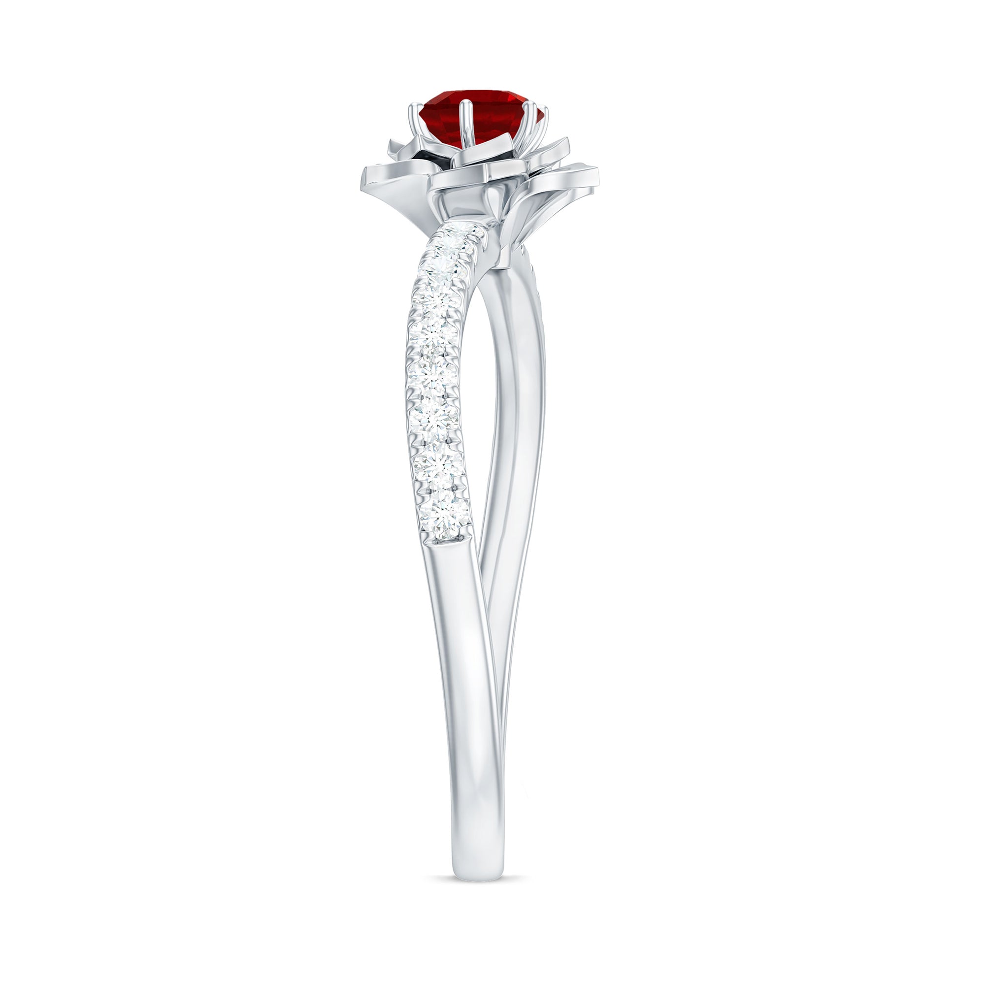 Lab-Created Ruby Flower Engagement Ring with Diamond Lab Created Ruby - ( AAAA ) - Quality - Rosec Jewels