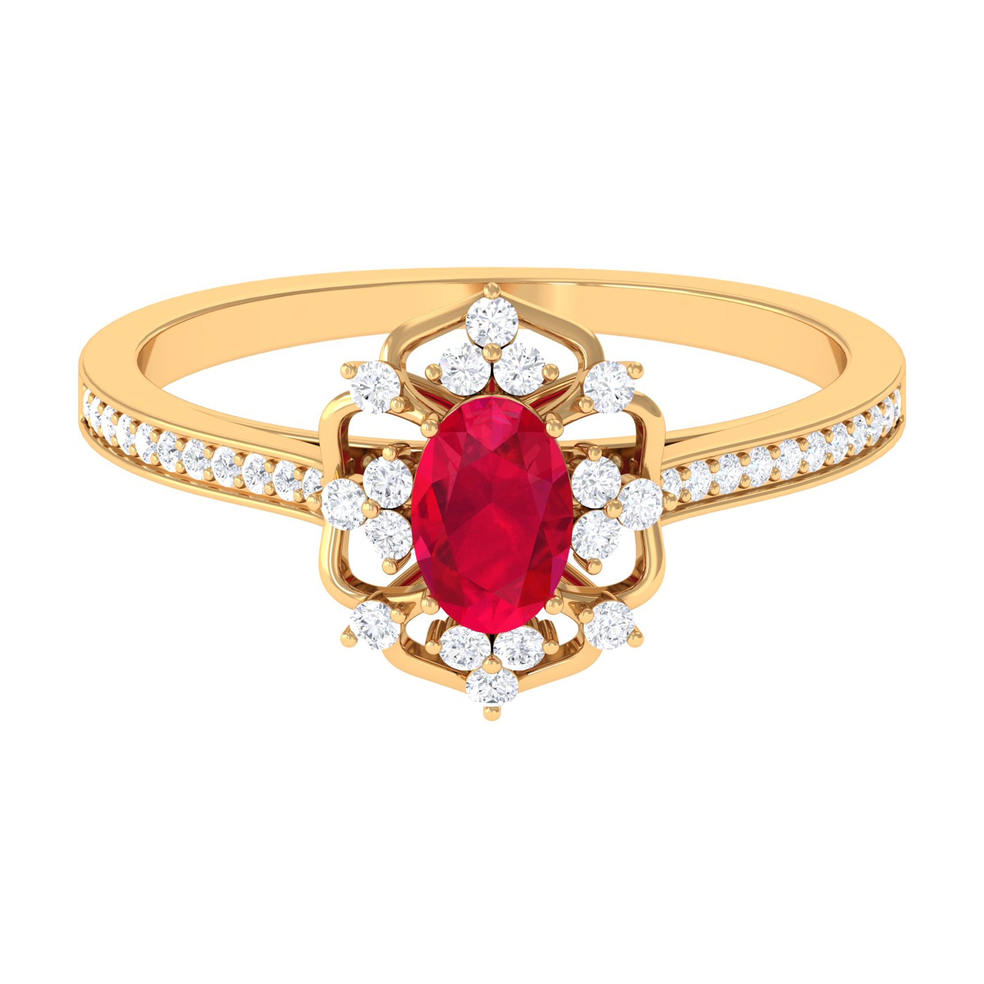 Vintage Style Lab-Created Ruby and Diamond Flower Engagement Ring Lab Created Ruby - ( AAAA ) - Quality - Rosec Jewels