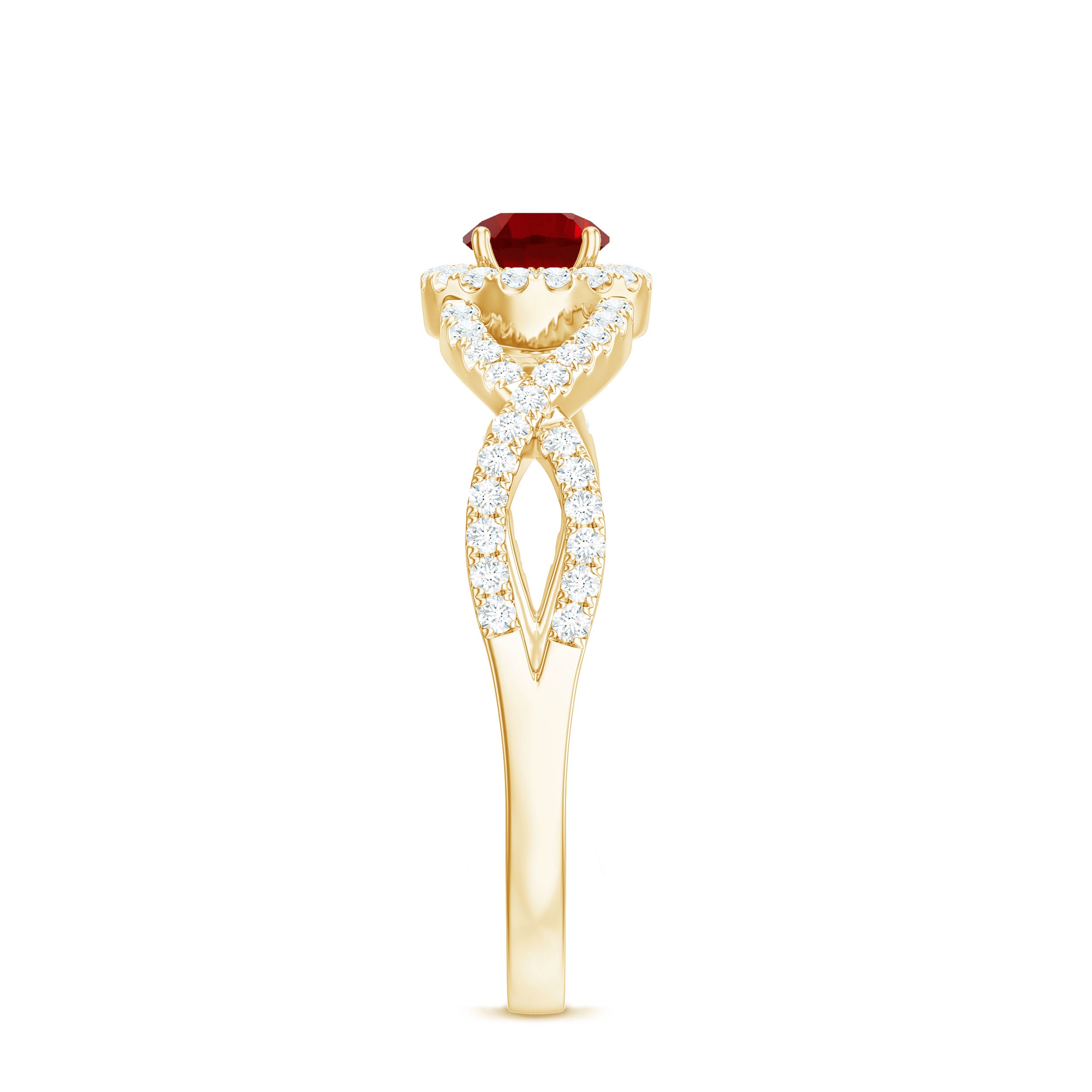 Criss Cross Shank Lab-Created Ruby and Diamond Halo Engagement Ring Lab Created Ruby - ( AAAA ) - Quality - Rosec Jewels