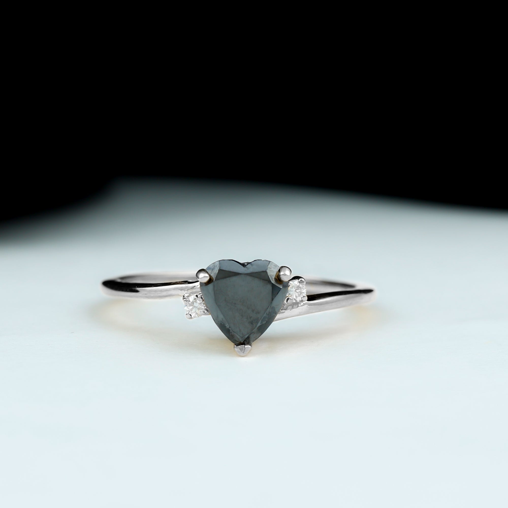 Heart Shape Black Onyx Solitaire Promise Ring with Diamond Black Onyx - ( AAA ) - Quality - Rosec Jewels