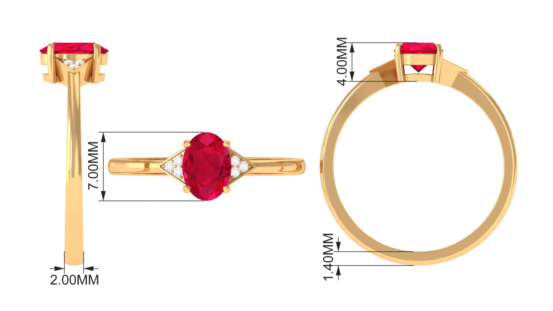 1 CT Oval Created Ruby Solitaire Ring with Diamond Accent Lab Created Ruby - ( AAAA ) - Quality - Rosec Jewels