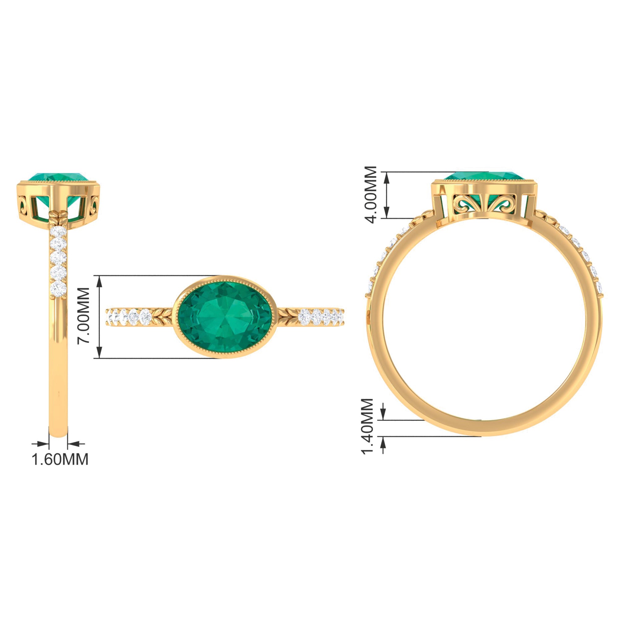 1 CT Oval Cut Emerald East West Engagement Ring with Diamond Emerald - ( AAA ) - Quality - Rosec Jewels