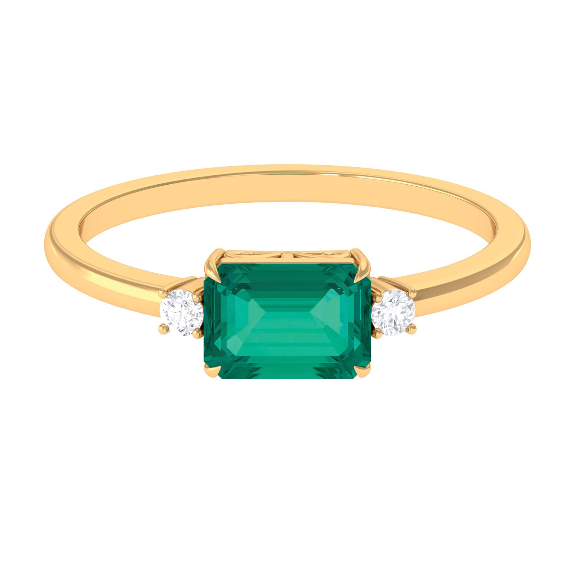 Octagon shape Emerald East West Engagement Ring with Diamond Emerald - ( AAA ) - Quality - Rosec Jewels