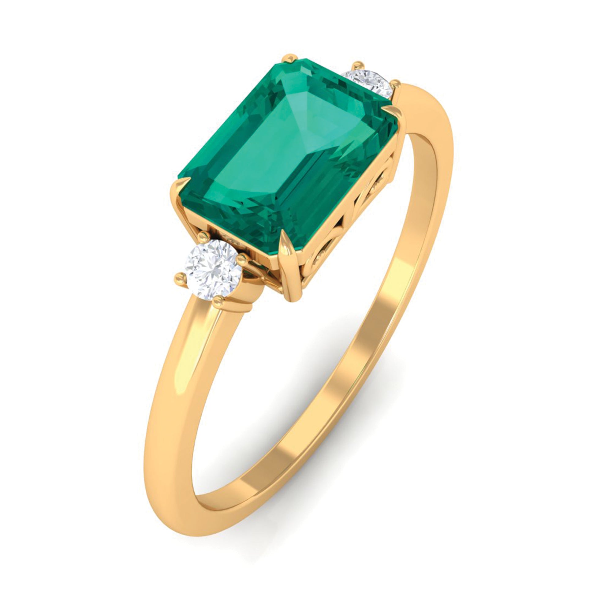 Octagon shape Emerald East West Engagement Ring with Diamond Emerald - ( AAA ) - Quality - Rosec Jewels