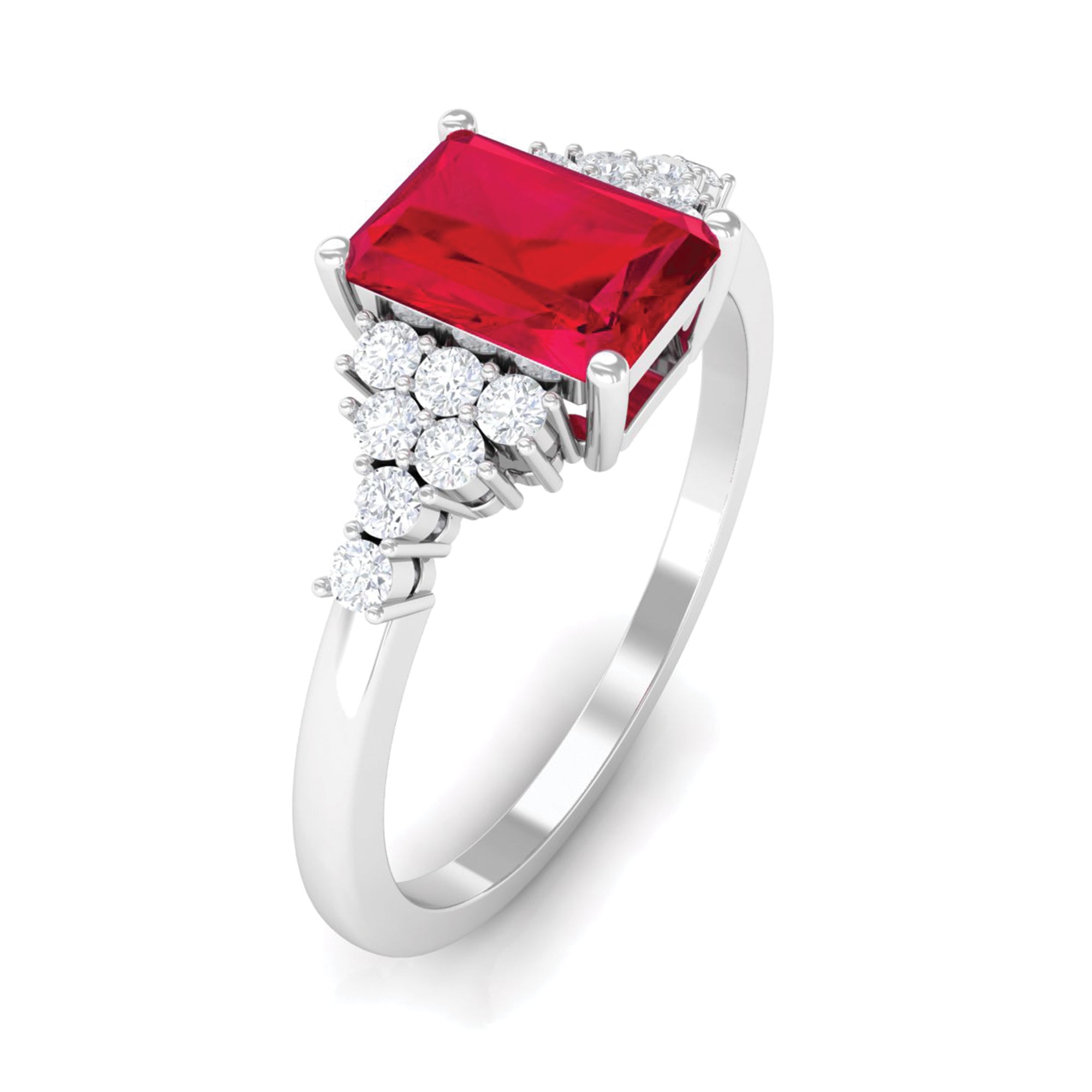 Emerald Cut Lab Grown Ruby Solitaire Engagement Ring with Diamond Lab Created Ruby - ( AAAA ) - Quality - Rosec Jewels