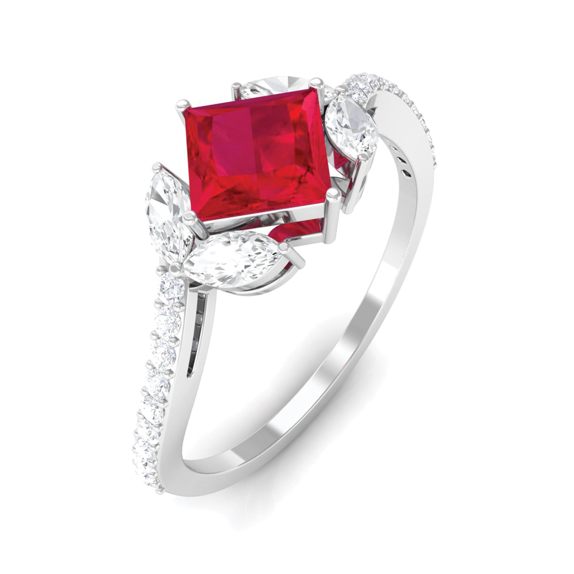 Princess Cut Lab Grown Ruby Solitaire Ring with Diamond Lab Created Ruby - ( AAAA ) - Quality - Rosec Jewels