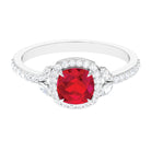 Cushion Cut Lab Grown Ruby Ring with Diamond Halo Lab Created Ruby - ( AAAA ) - Quality - Rosec Jewels