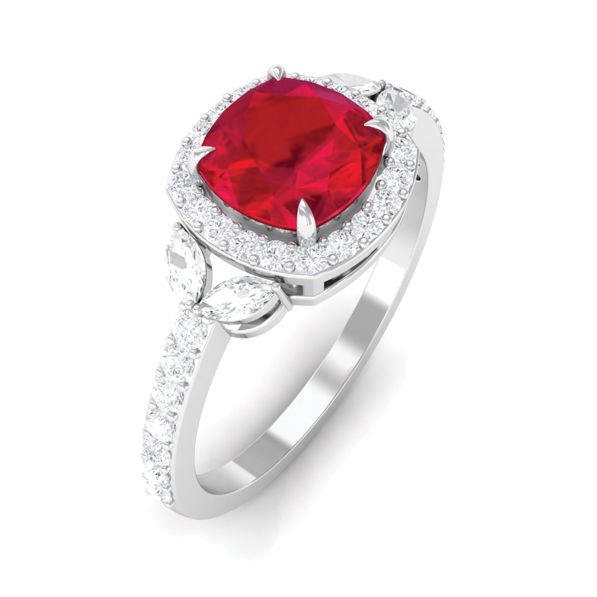 Cushion Cut Lab Grown Ruby Ring with Diamond Halo Lab Created Ruby - ( AAAA ) - Quality - Rosec Jewels