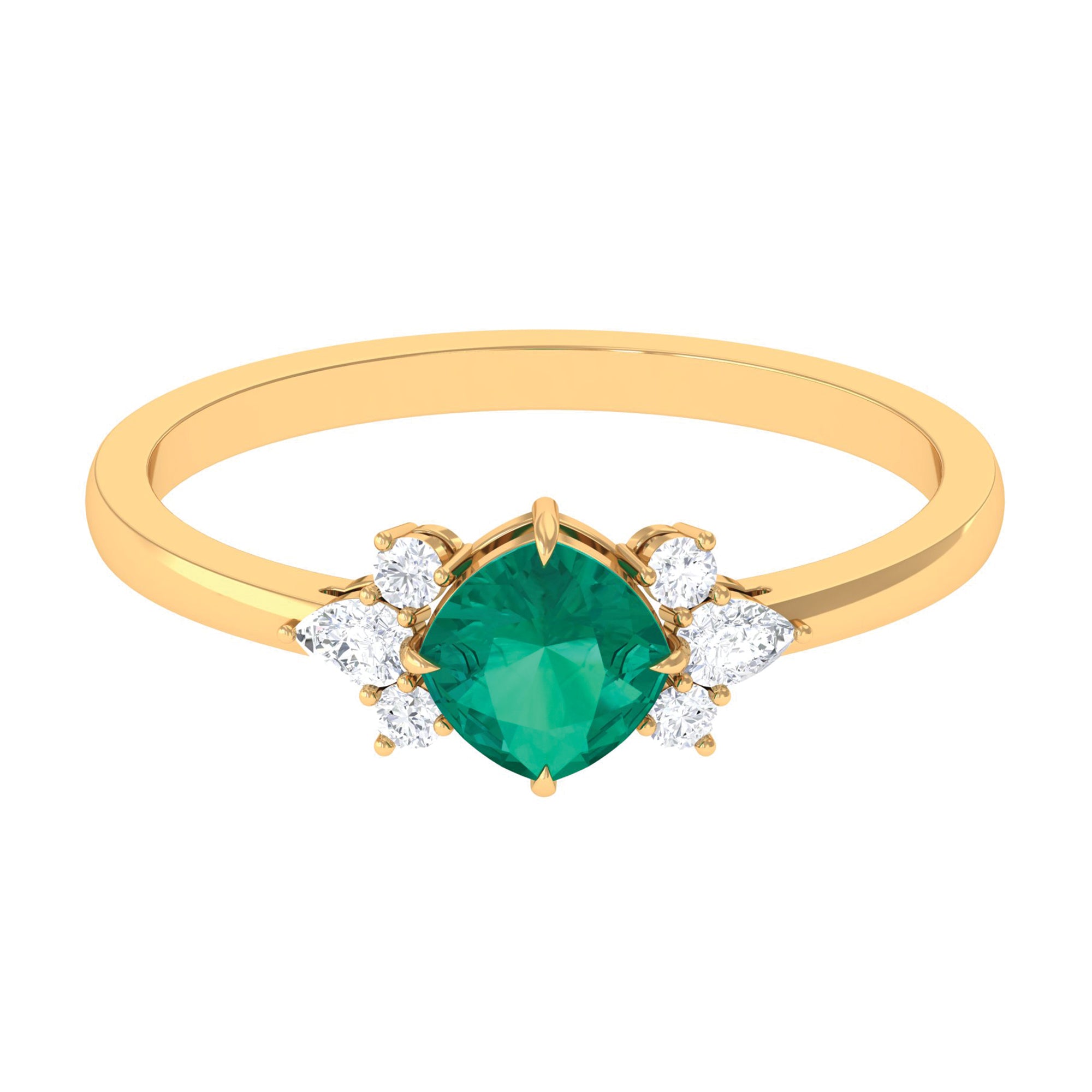 1 CT Cushion shape Emerald Solitaire Ring with Diamond Trio Emerald - ( AAA ) - Quality - Rosec Jewels