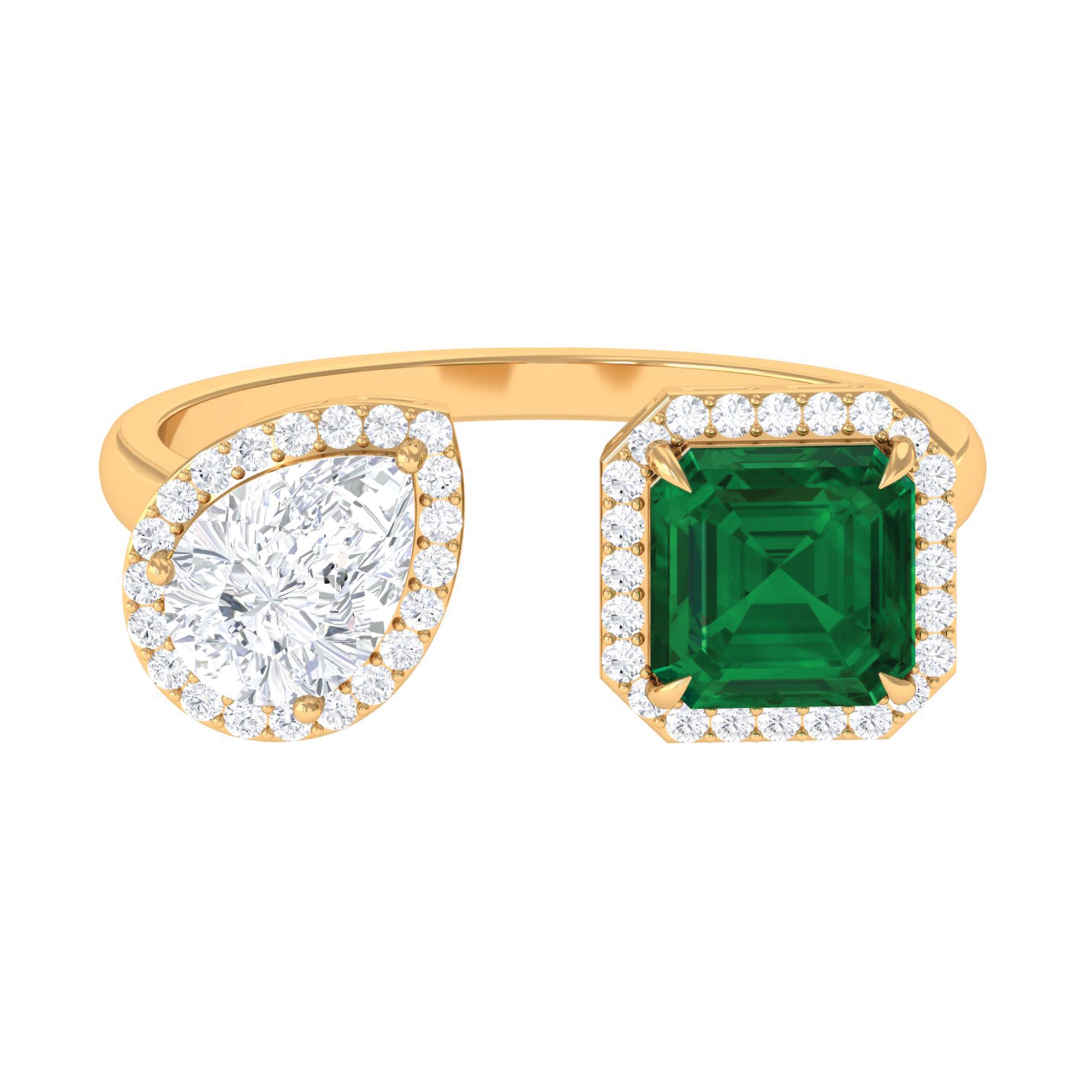 4 CT Created Emerald and Moissanite Two Stone Cuff Ring in Gold Lab Created Emerald - ( AAAA ) - Quality - Rosec Jewels