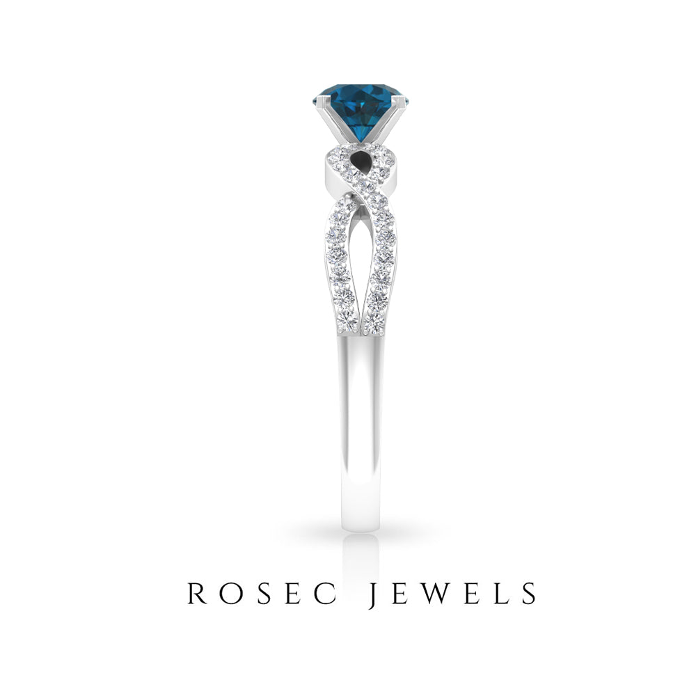 1 CT Round Shape London Blue Topaz and Diamond Criss Cross Ring London Blue Topaz - ( AAA ) - Quality - Rosec Jewels