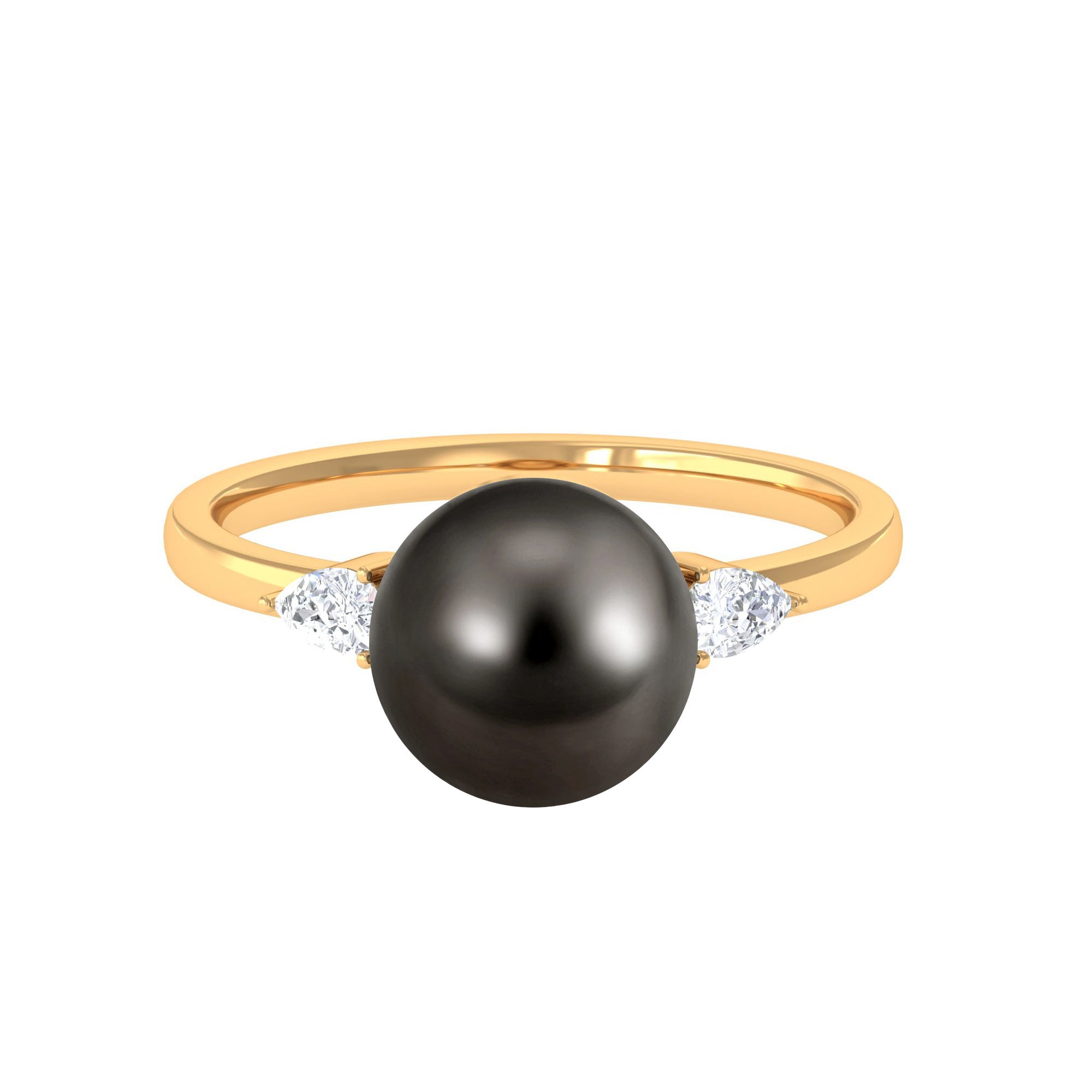 Round Tahitian Pearl Solitaire Ring with Pear Shape Moissanite Tahitian pearl - ( AAA ) - Quality - Rosec Jewels