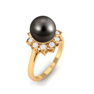 Tahitian Black Pearl Engagement Ring with Diamond Floral Halo Tahitian pearl - ( AAA ) - Quality - Rosec Jewels