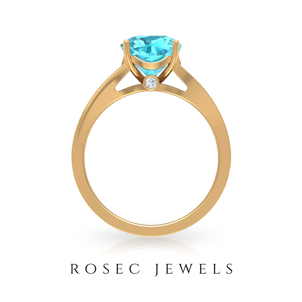 Cushion Cut Swiss Blue Topaz Solitaire Ring with Diamond Accent Swiss Blue Topaz - ( AAA ) - Quality - Rosec Jewels