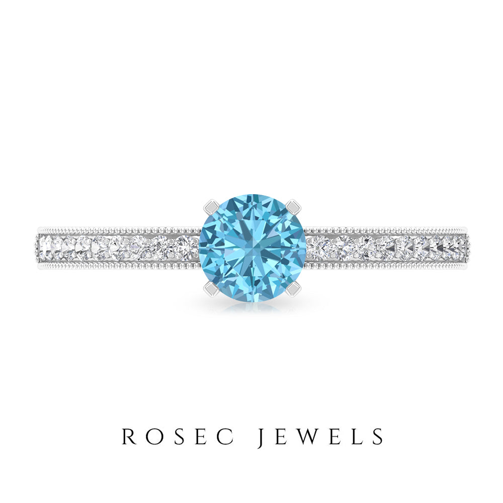 Milgrain Swiss Blue Topaz Engagement Ring with Diamond Swiss Blue Topaz - ( AAA ) - Quality - Rosec Jewels