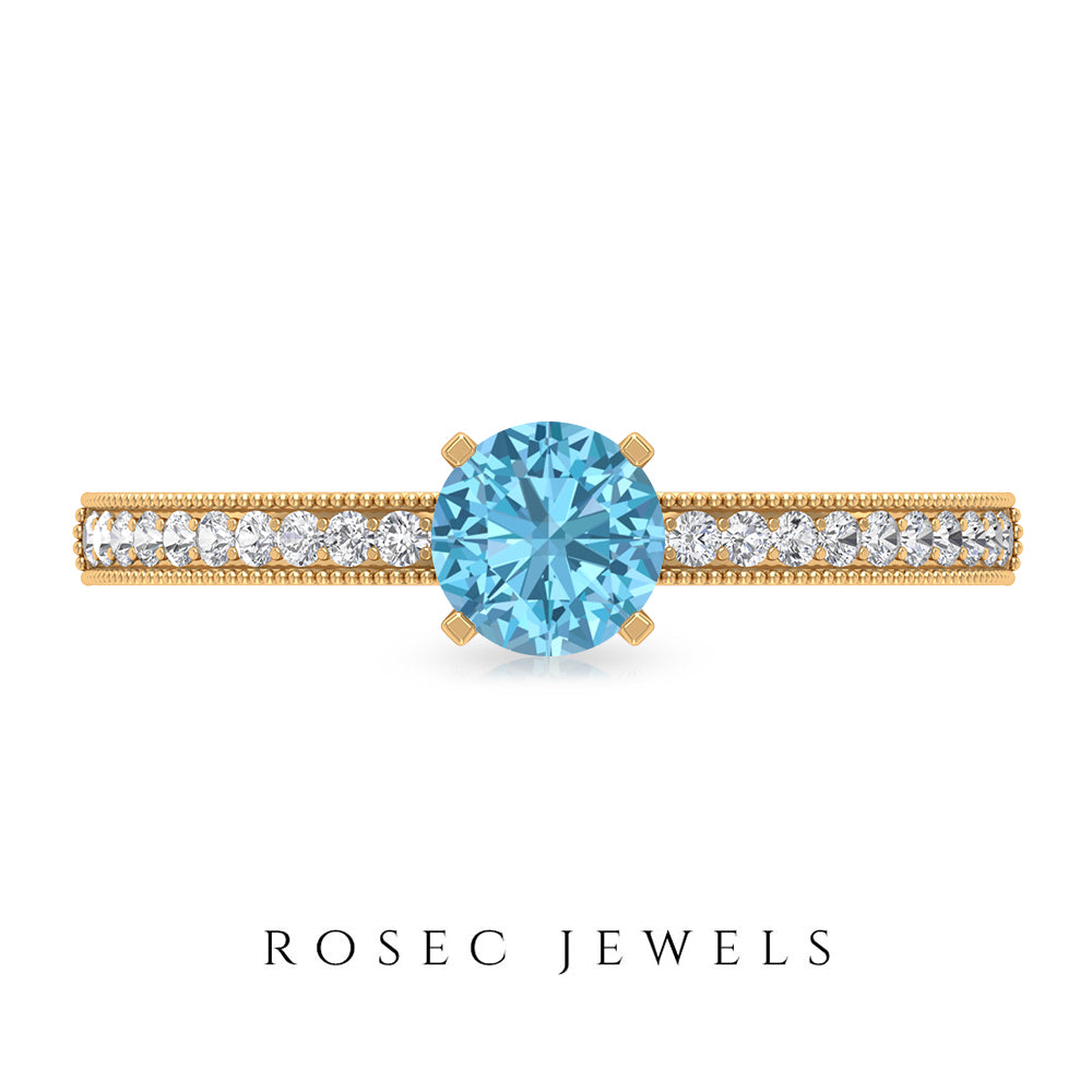 Milgrain Swiss Blue Topaz Engagement Ring with Diamond Swiss Blue Topaz - ( AAA ) - Quality - Rosec Jewels