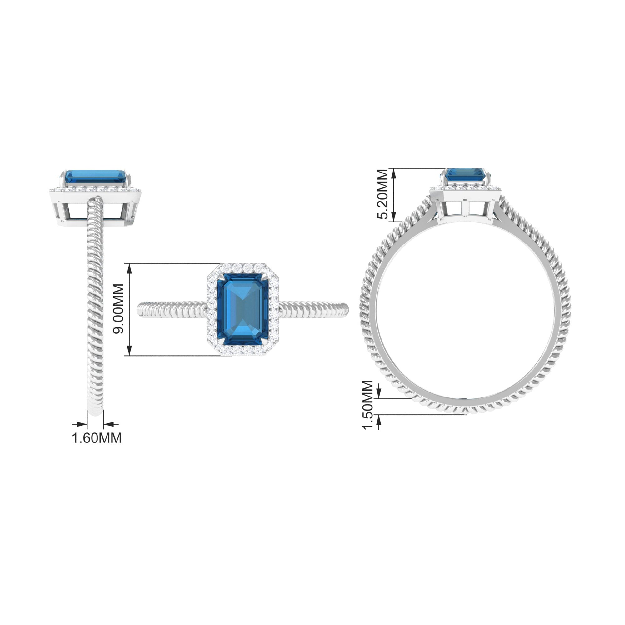 1.25 CT Octagon Cut London Blue Topaz Solitaire Ring with Diamond Halo London Blue Topaz - ( AAA ) - Quality - Rosec Jewels