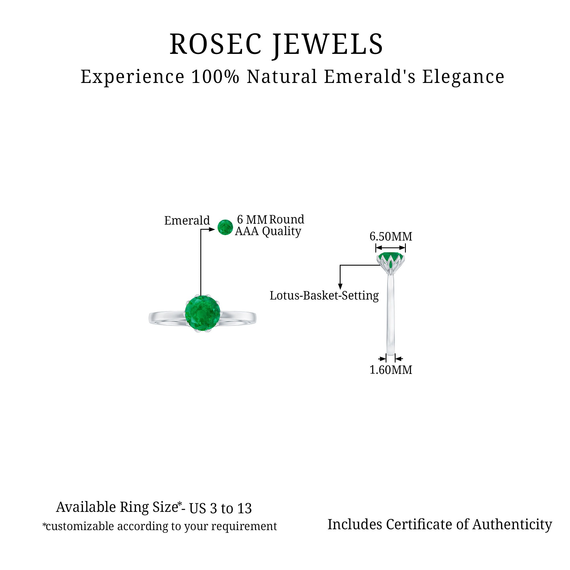 Green Emerald Solitaire Ring in Lotus Basket Setting Emerald - ( AAA ) - Quality - Rosec Jewels