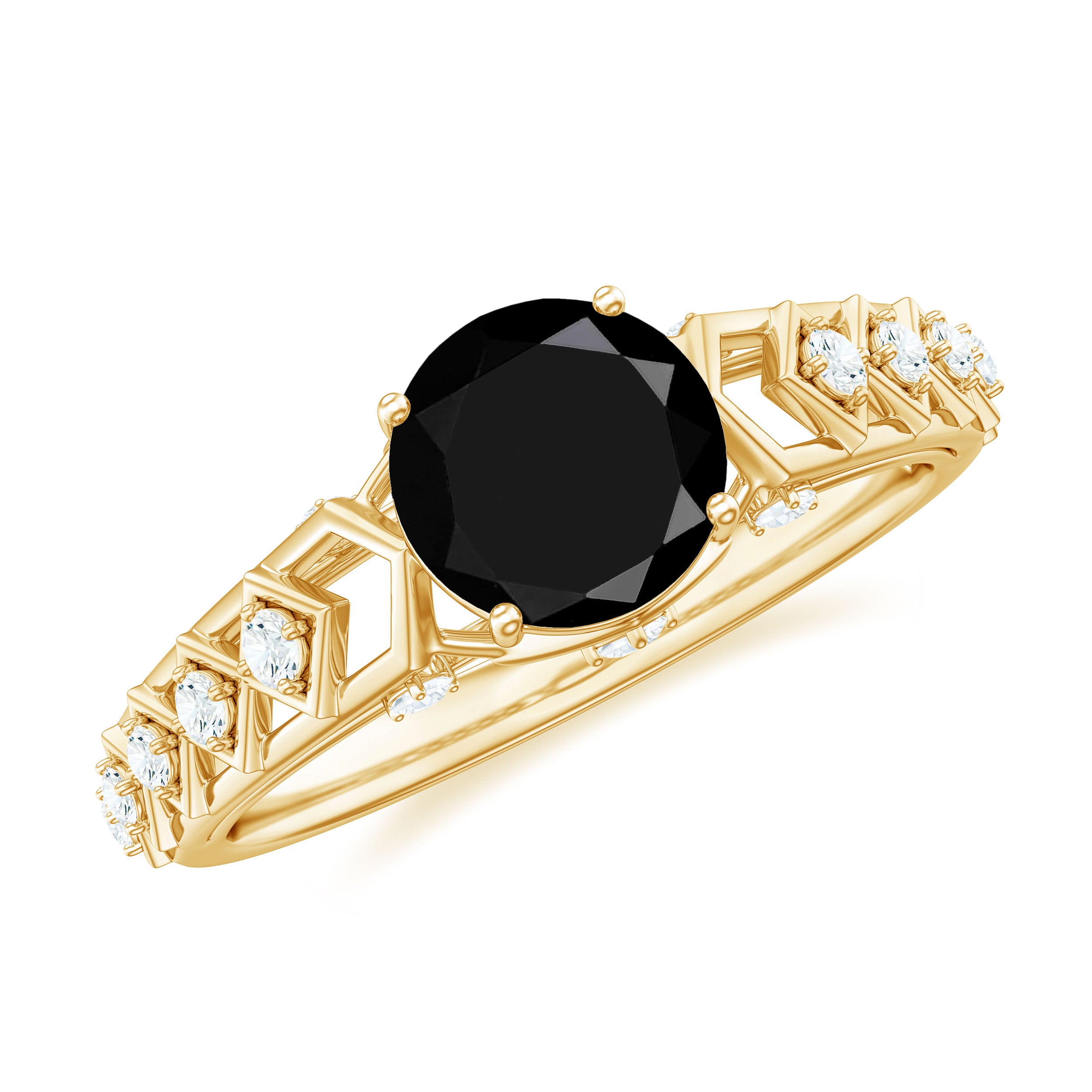 1.50 CT Art Deco Black Spinel Solitaire Ring with Diamond Black Spinel - ( AAA ) - Quality - Rosec Jewels