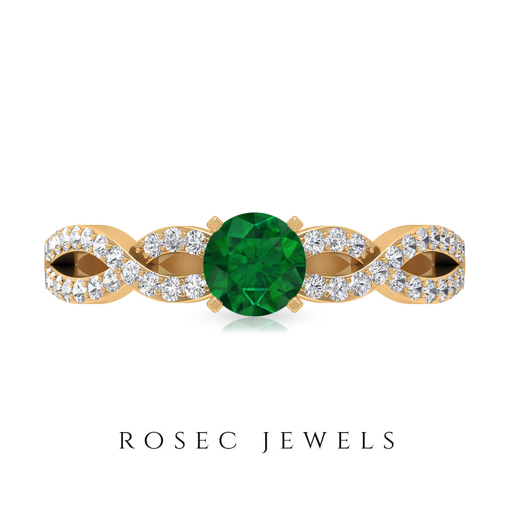 1 CT Created Emerald and Diamond Crossover Engagement Ring Lab Created Emerald - ( AAAA ) - Quality - Rosec Jewels