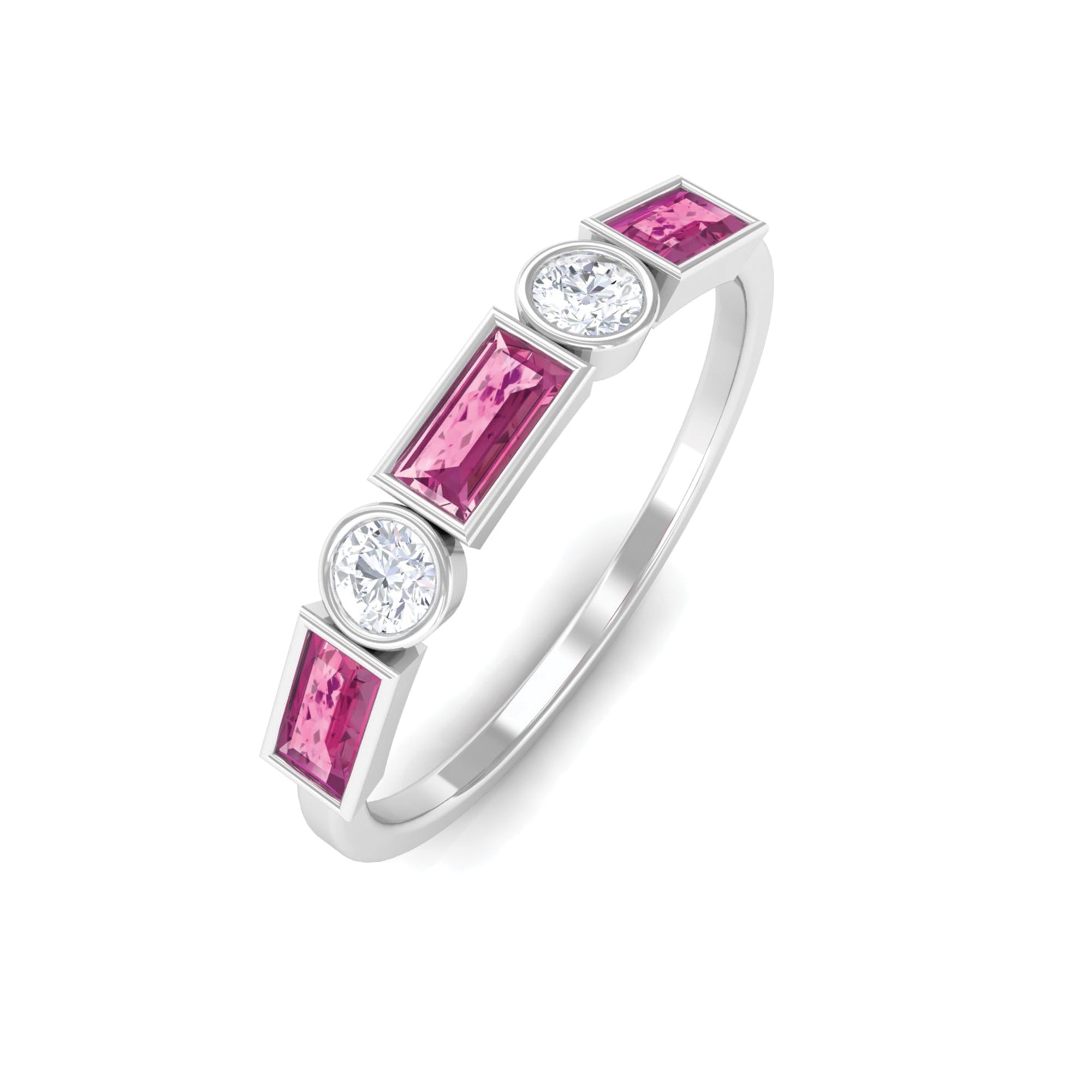 1/2 CT Pink Tourmaline and Moissanite Stackable Ring in Bezel Setting Pink Tourmaline - ( AAA ) - Quality - Rosec Jewels